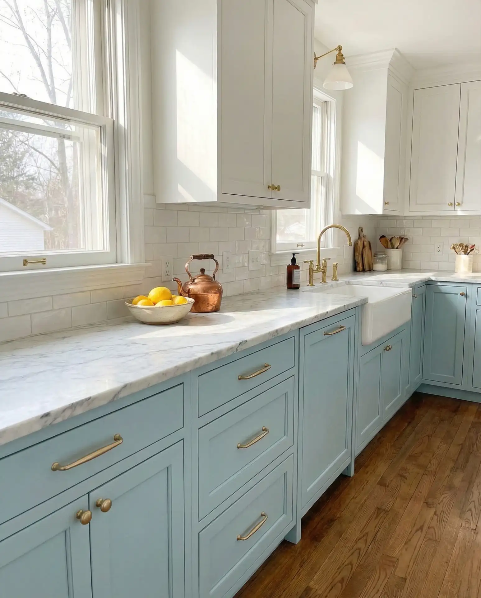 Pastel Blue Kitchen with Gold Fixtures 2