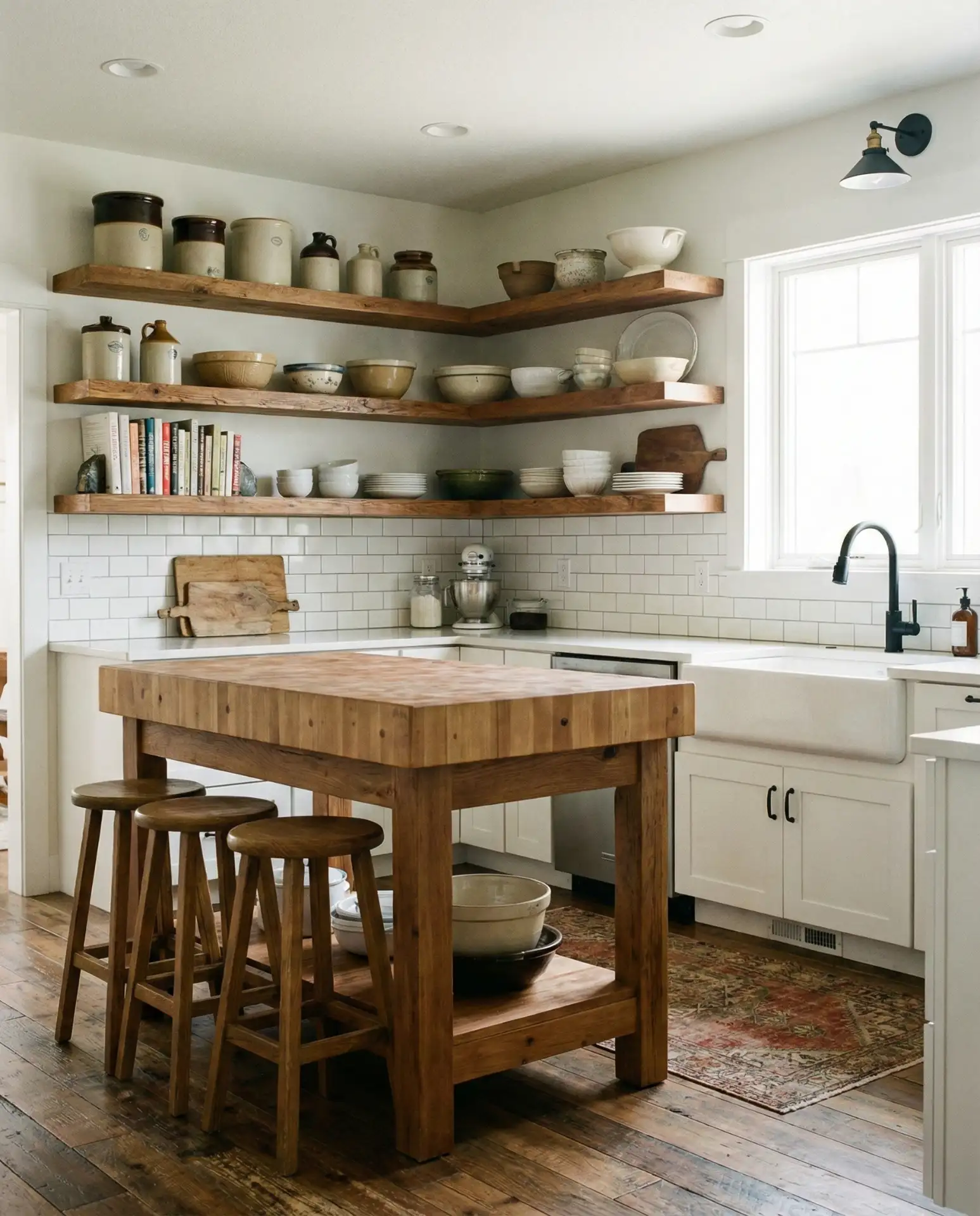 Ranch Style Kitchen with Open Shelving and Butcher Block 1