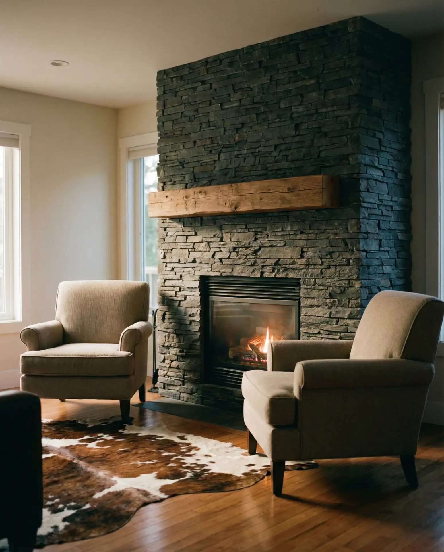 Rustic Western Living Room with Stone Fireplace and Timber Mantel 1