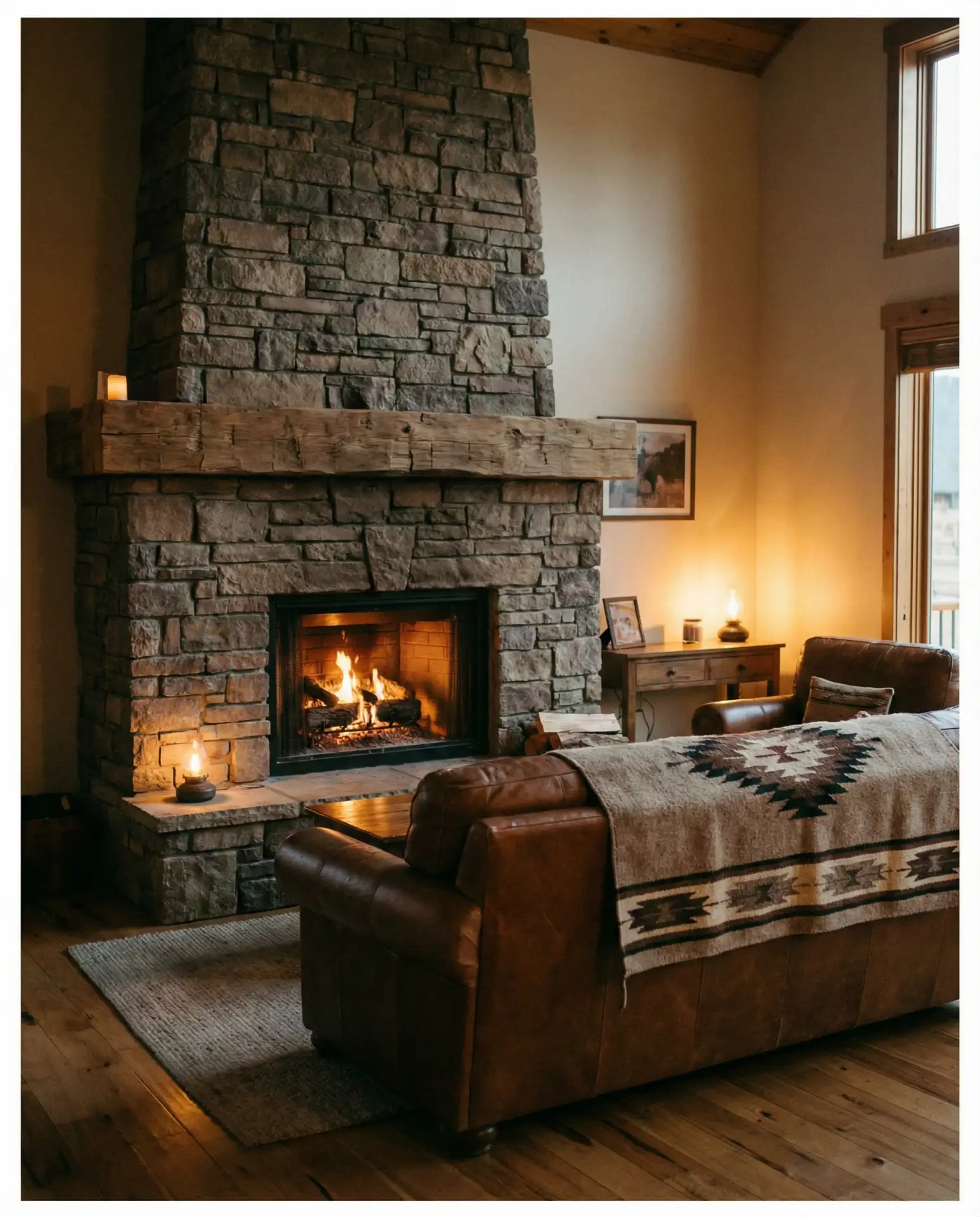 Rustic Western Living Room with Stone Fireplace and Timber Mantel 2
