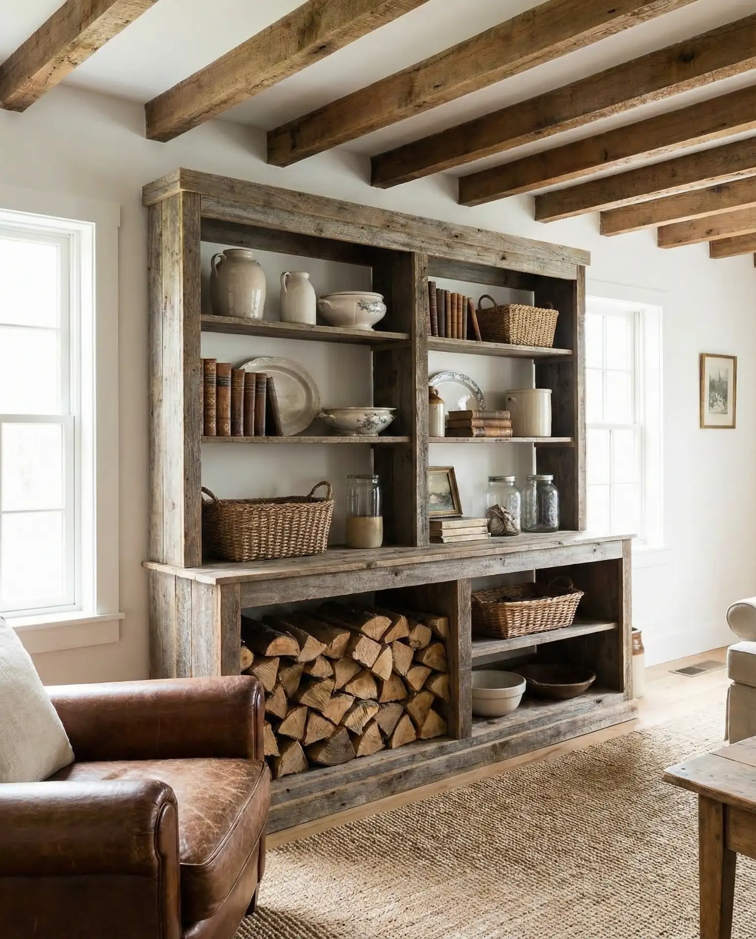 Rustic Wooden Shelves with Fireplace Wood Storage 1