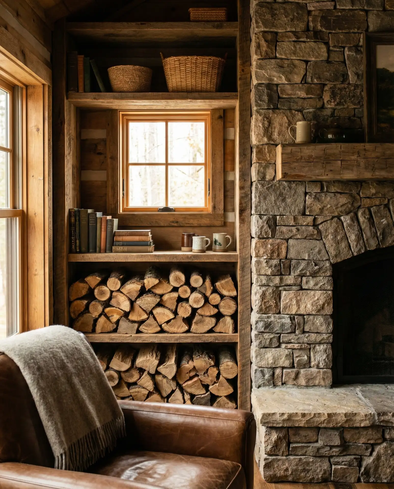 Rustic Wooden Shelves with Fireplace Wood Storage 2