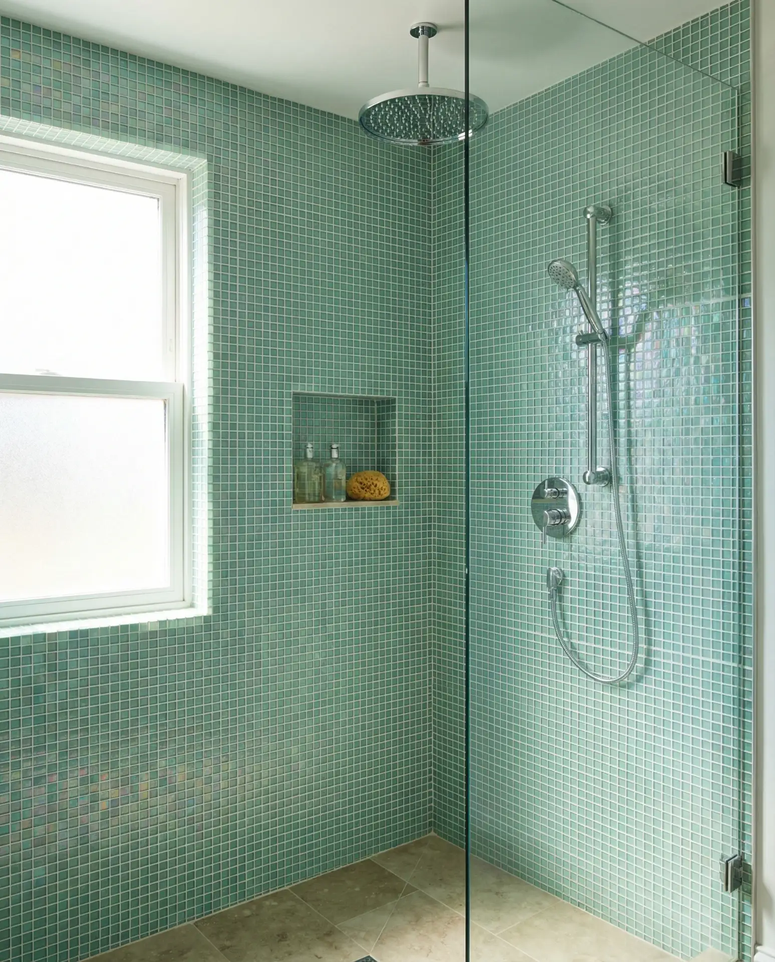 Sea Green Glass Mosaic Shower 1