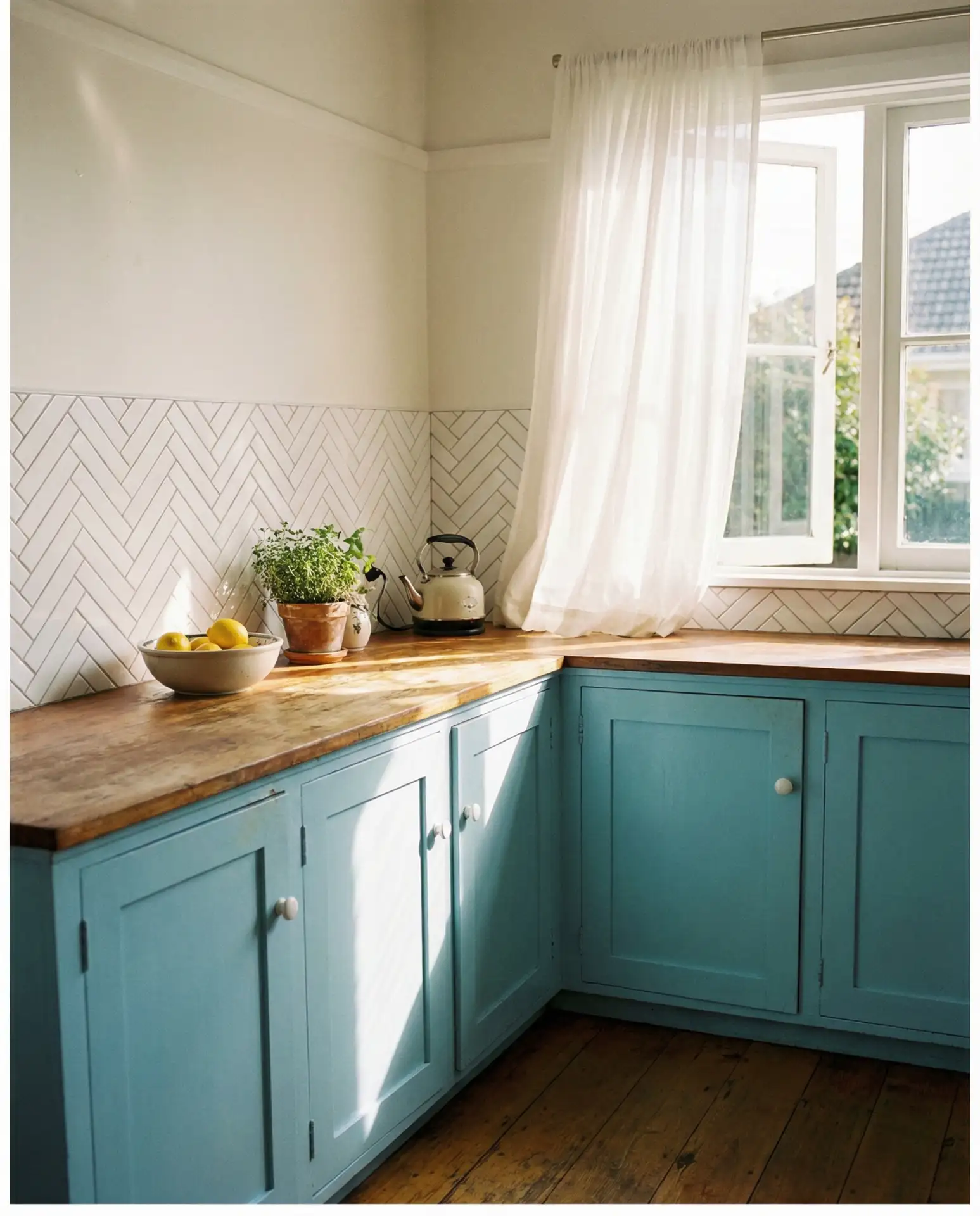 Sky Blue Kitchen with Subway Tile 2