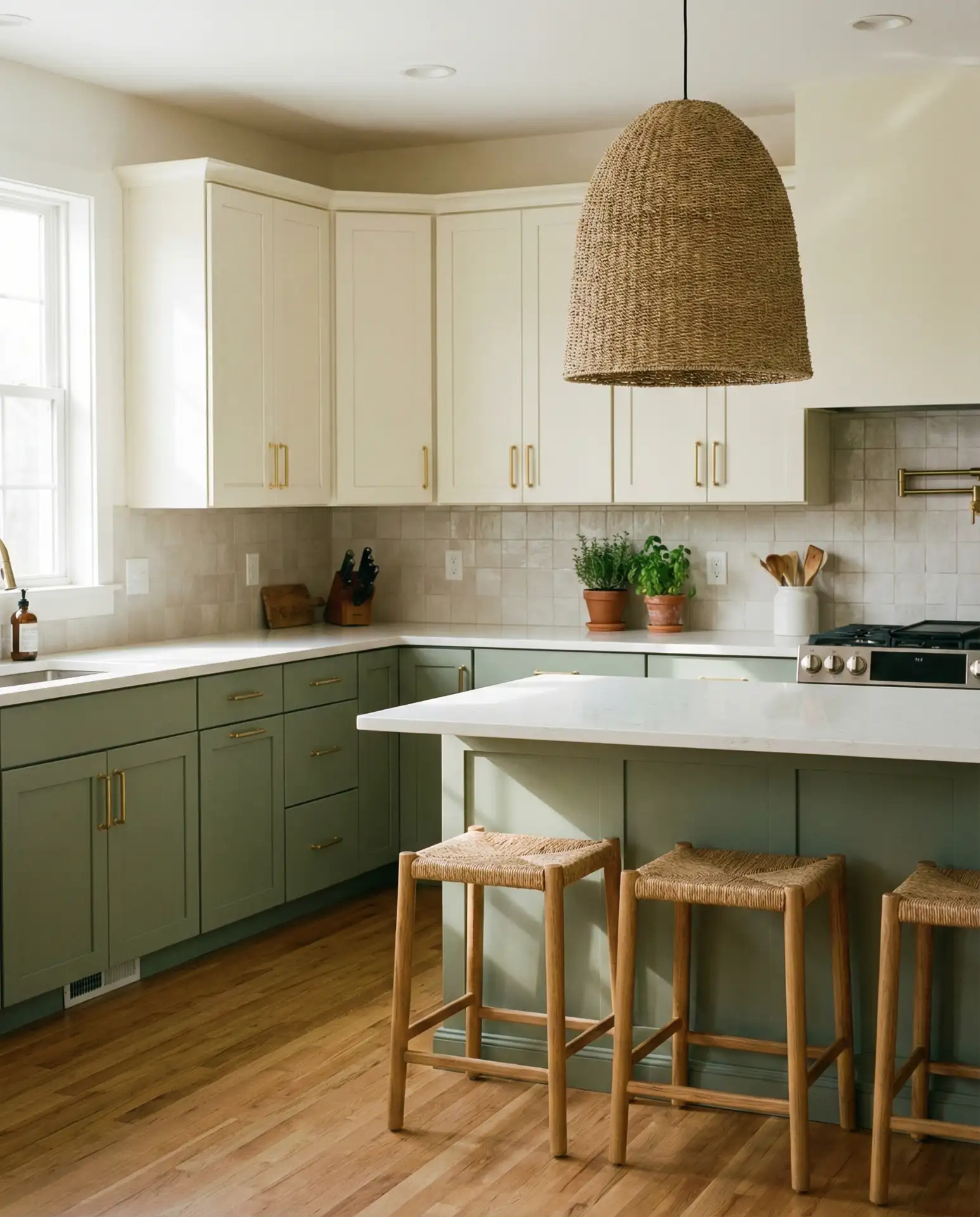 Soft Sage Green Cabinets with Cream Walls 1