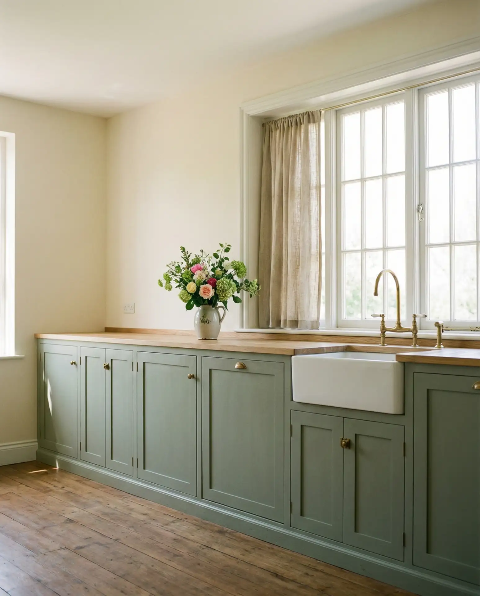 Soft Sage Green Cabinets with Cream Walls 2