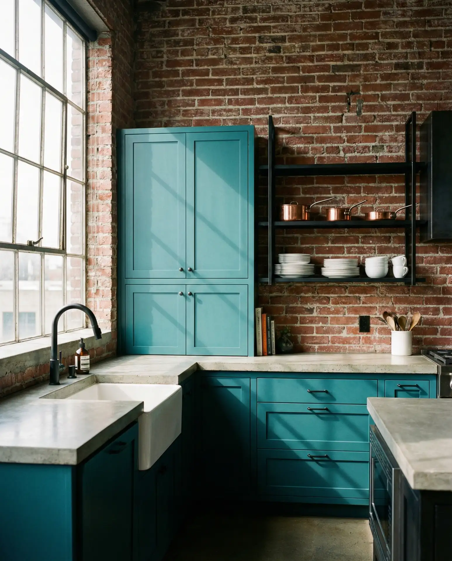 Teal Blue Kitchen with Industrial Elements 1