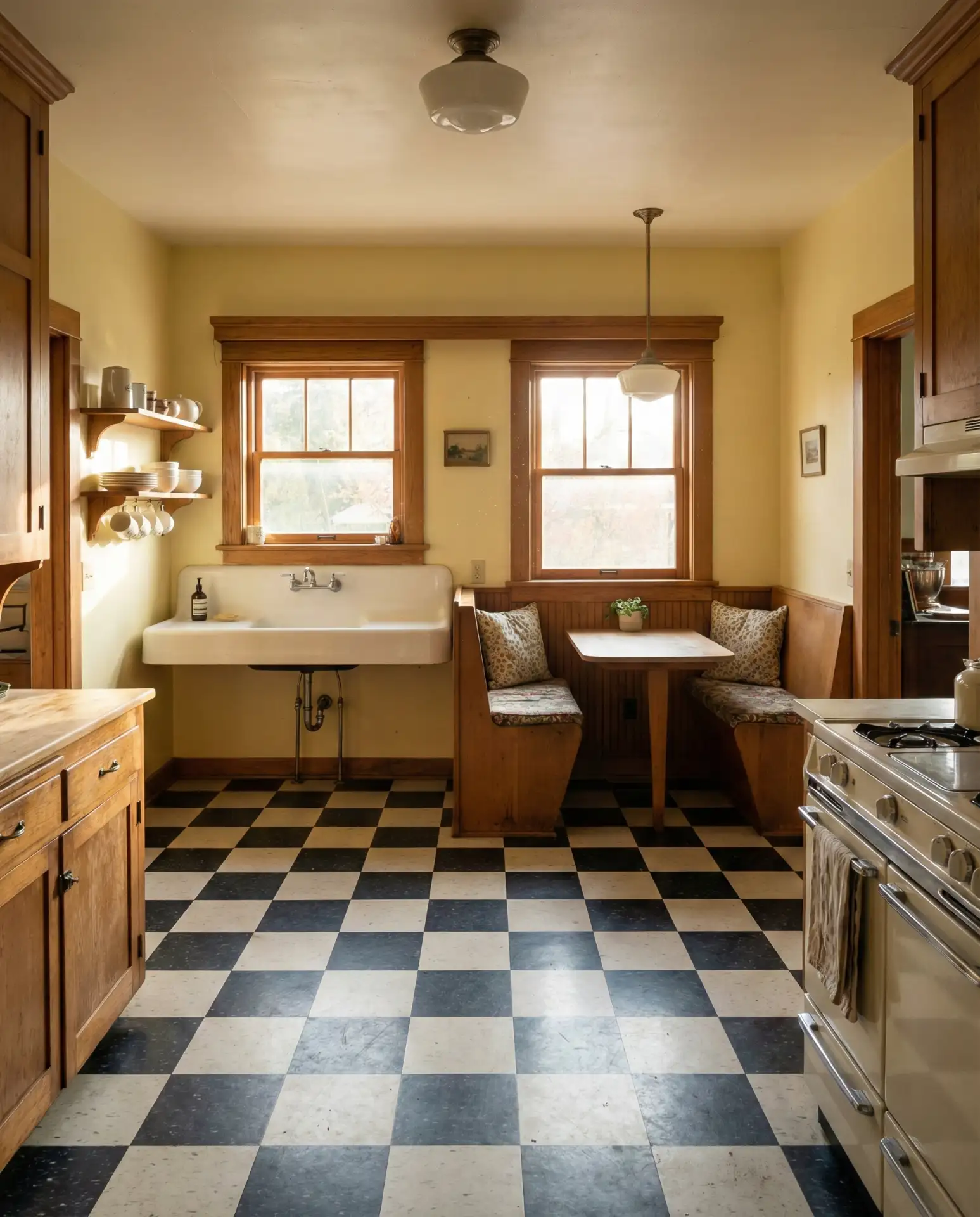 Vintage Yellow Kitchen with Checkerboard Floors 1