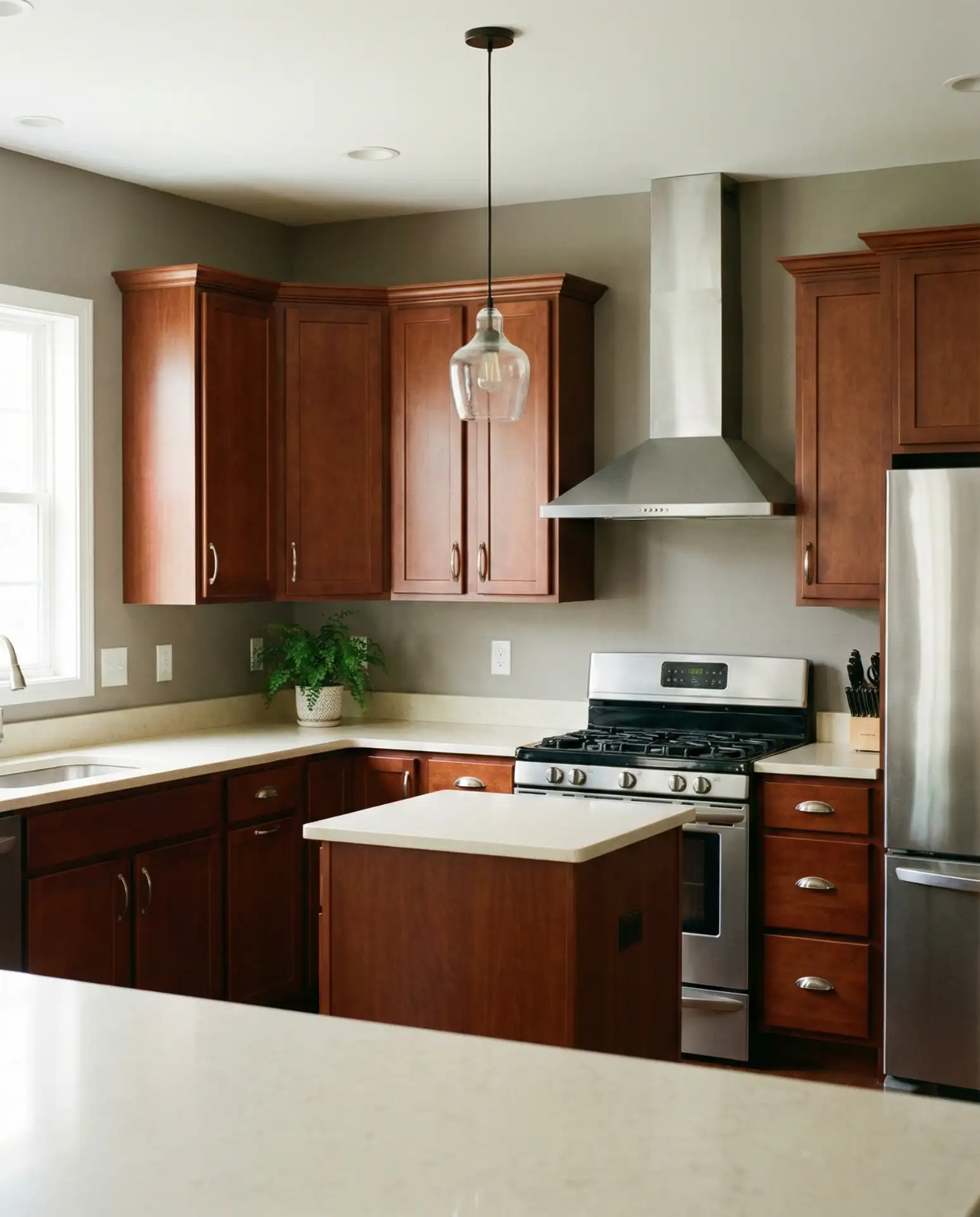 Warm Gray Walls with Cherry Cabinets 1