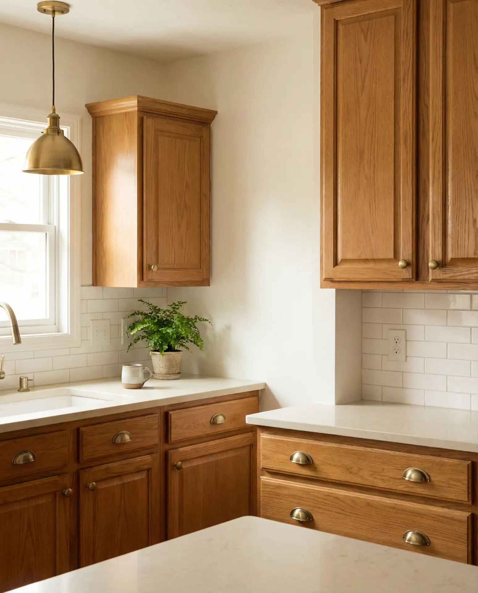 Warm White Walls with Honey Oak Cabinets from Sherwin Williams 1