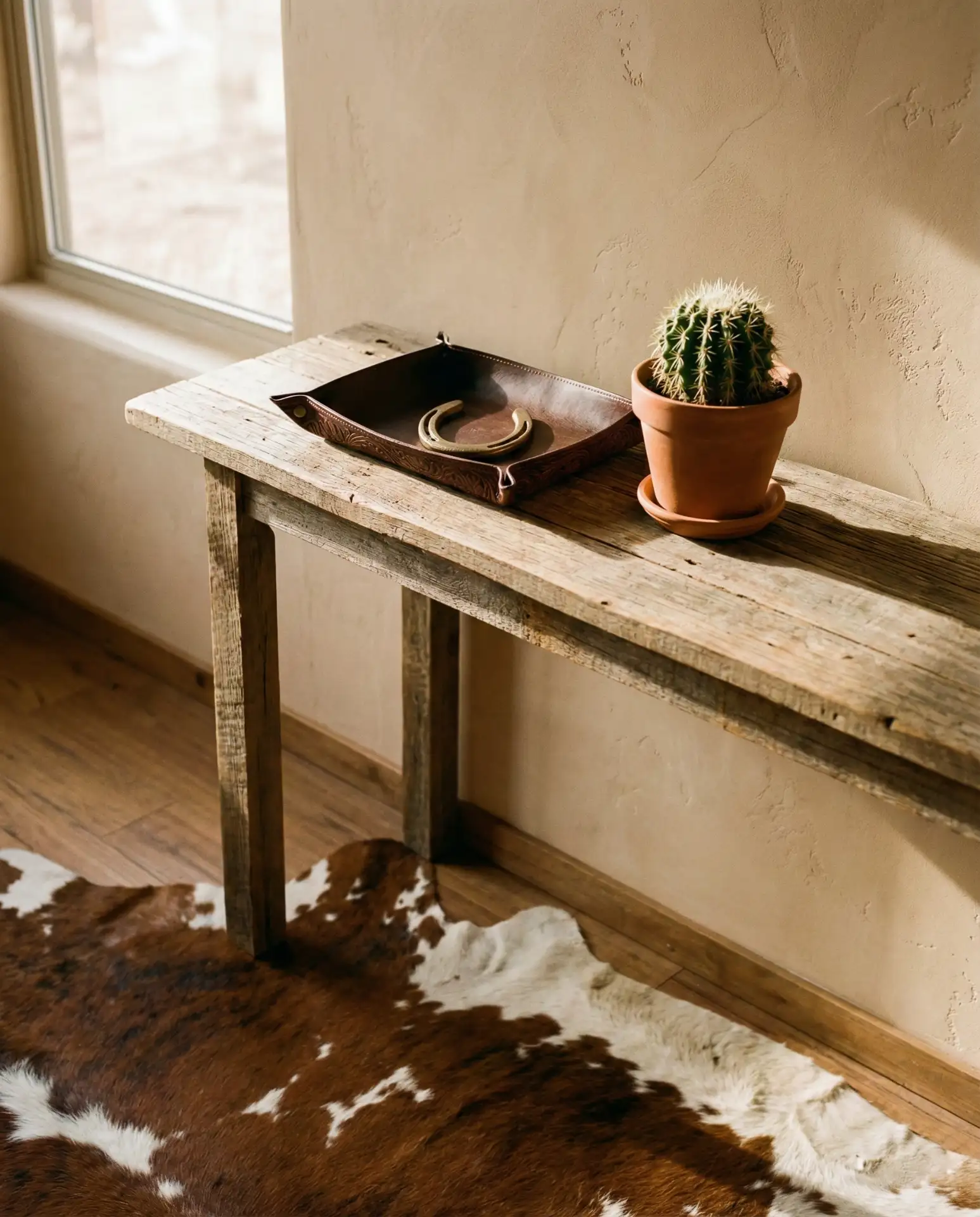 Western-Inspired Entry Table with Leather and Brass 1