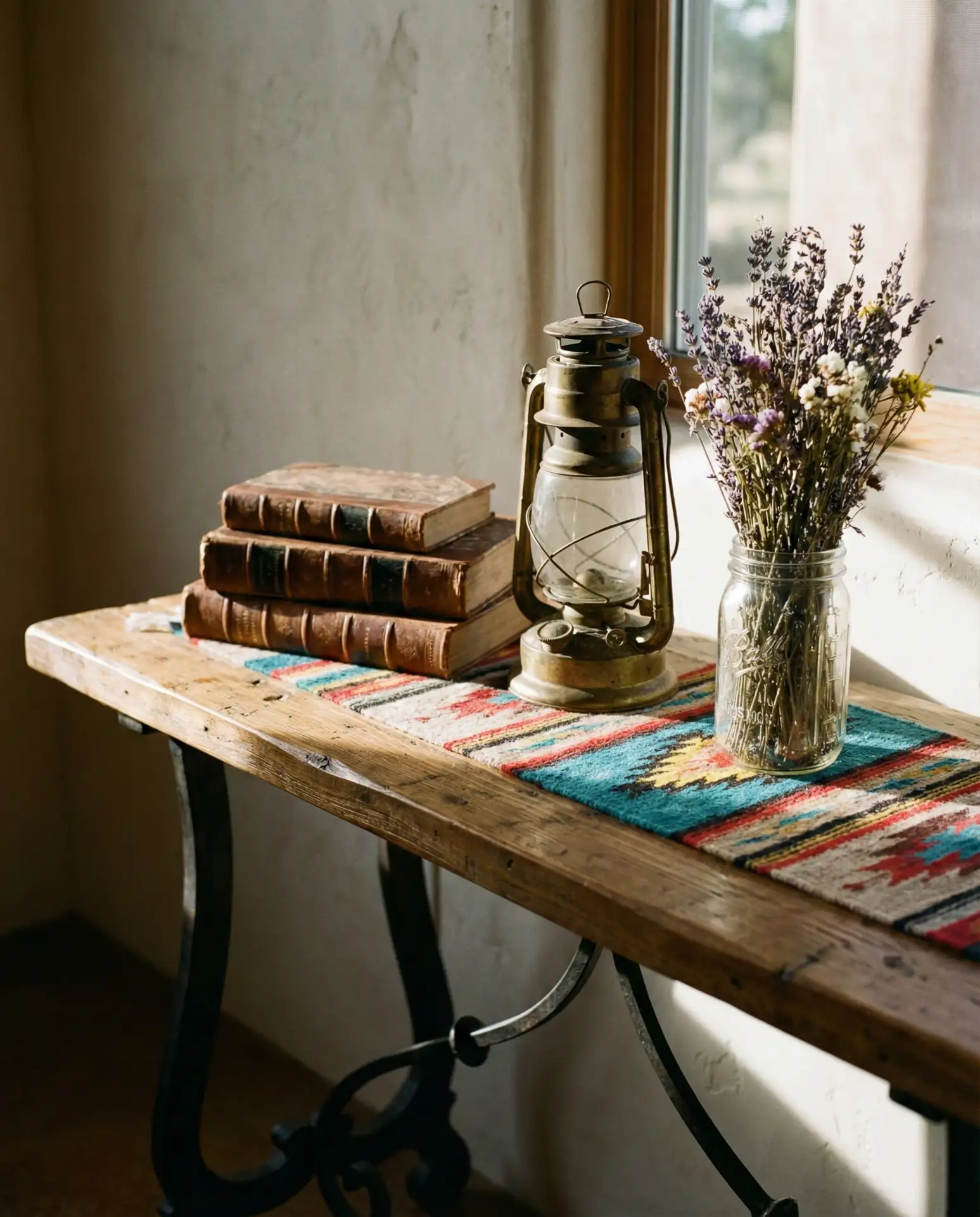 Western-Inspired Entry Table with Leather and Brass 2
