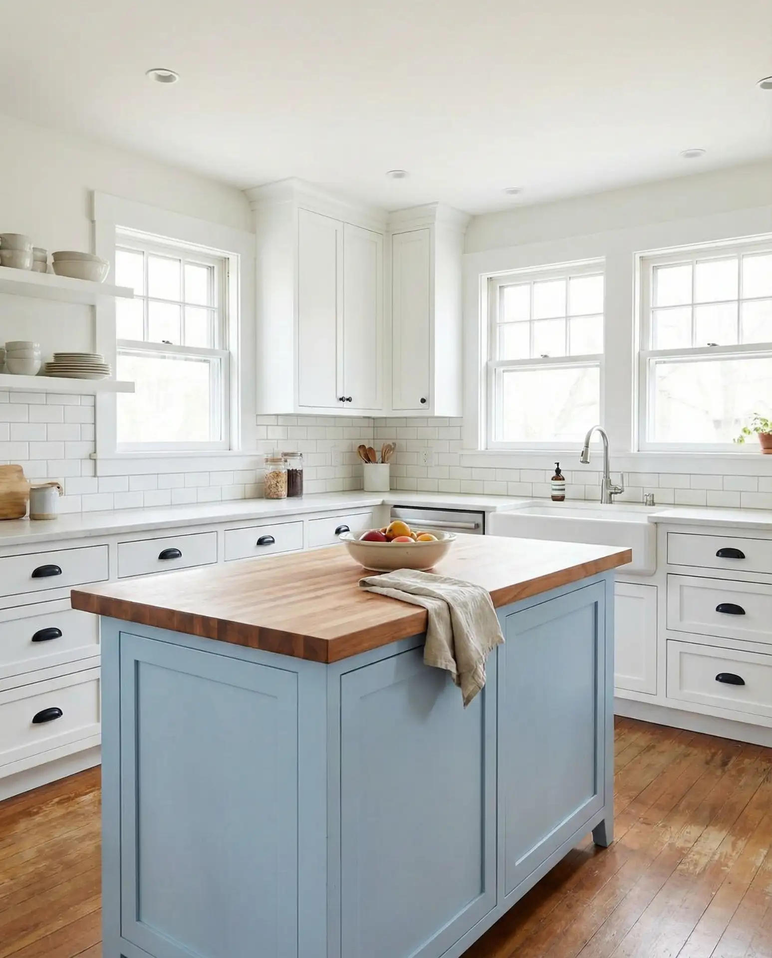 White Cabinets with Blue Island 1
