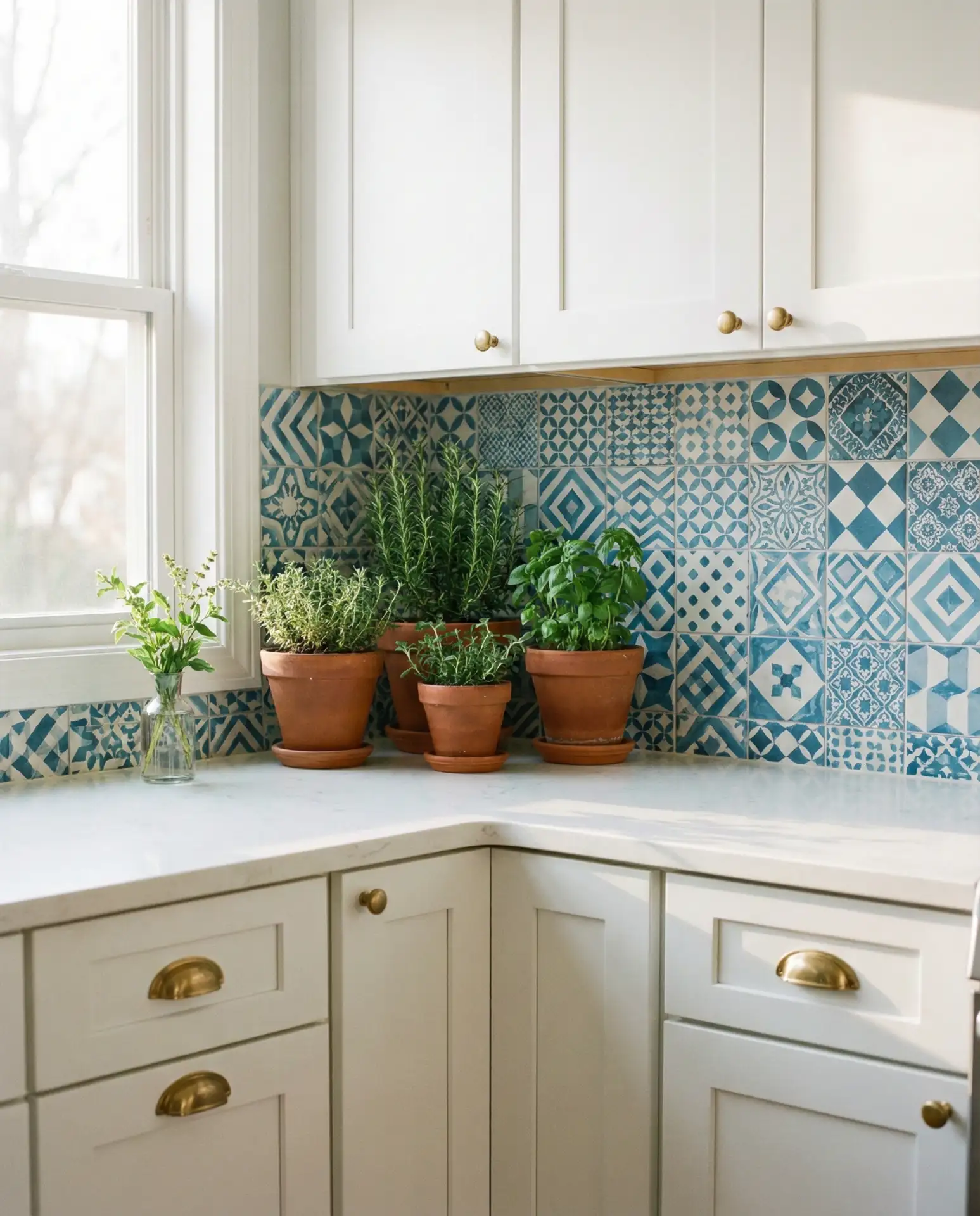 White Cabinets with Statement Backsplash 1
