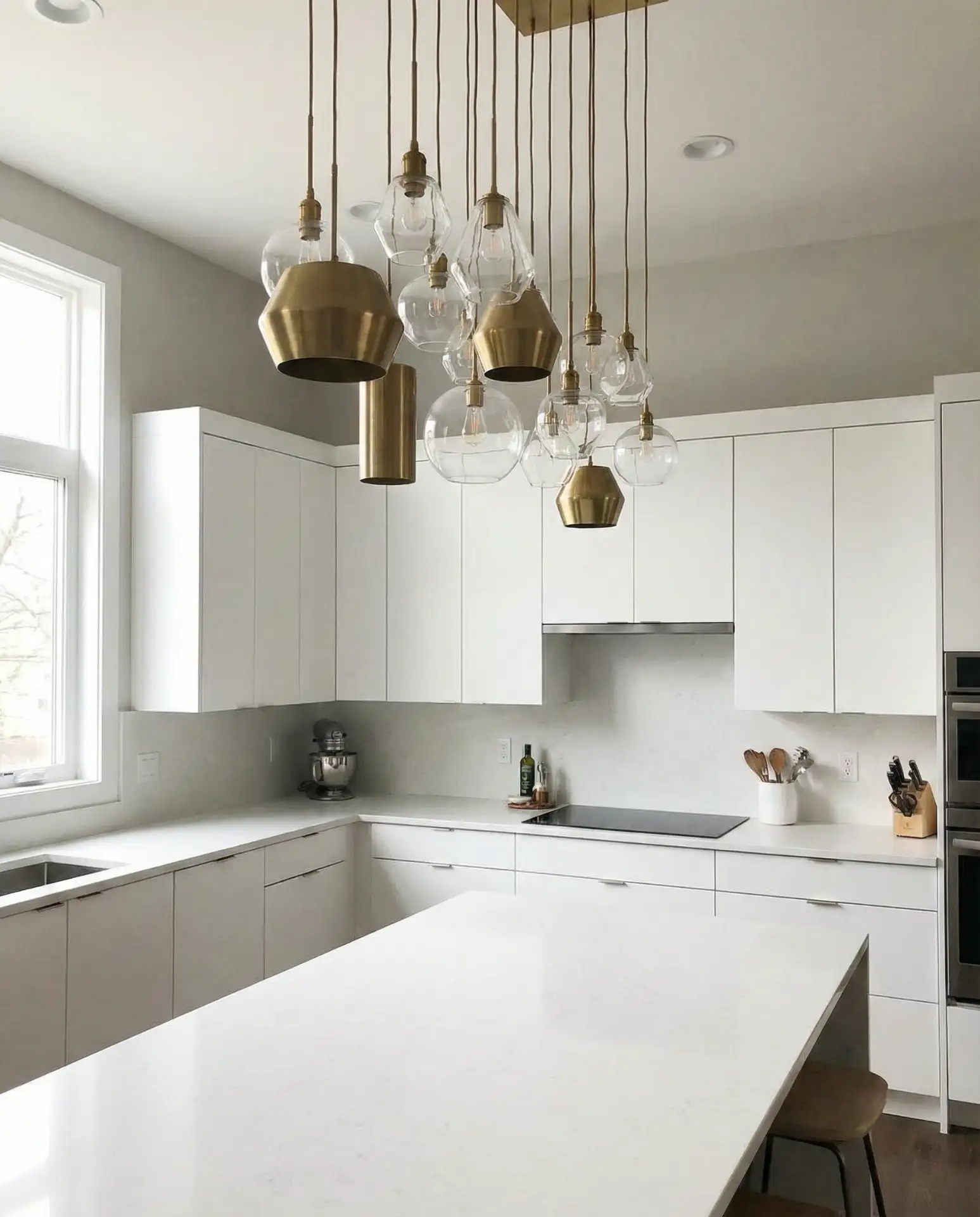 White Cabinets with Statement Lighting 1