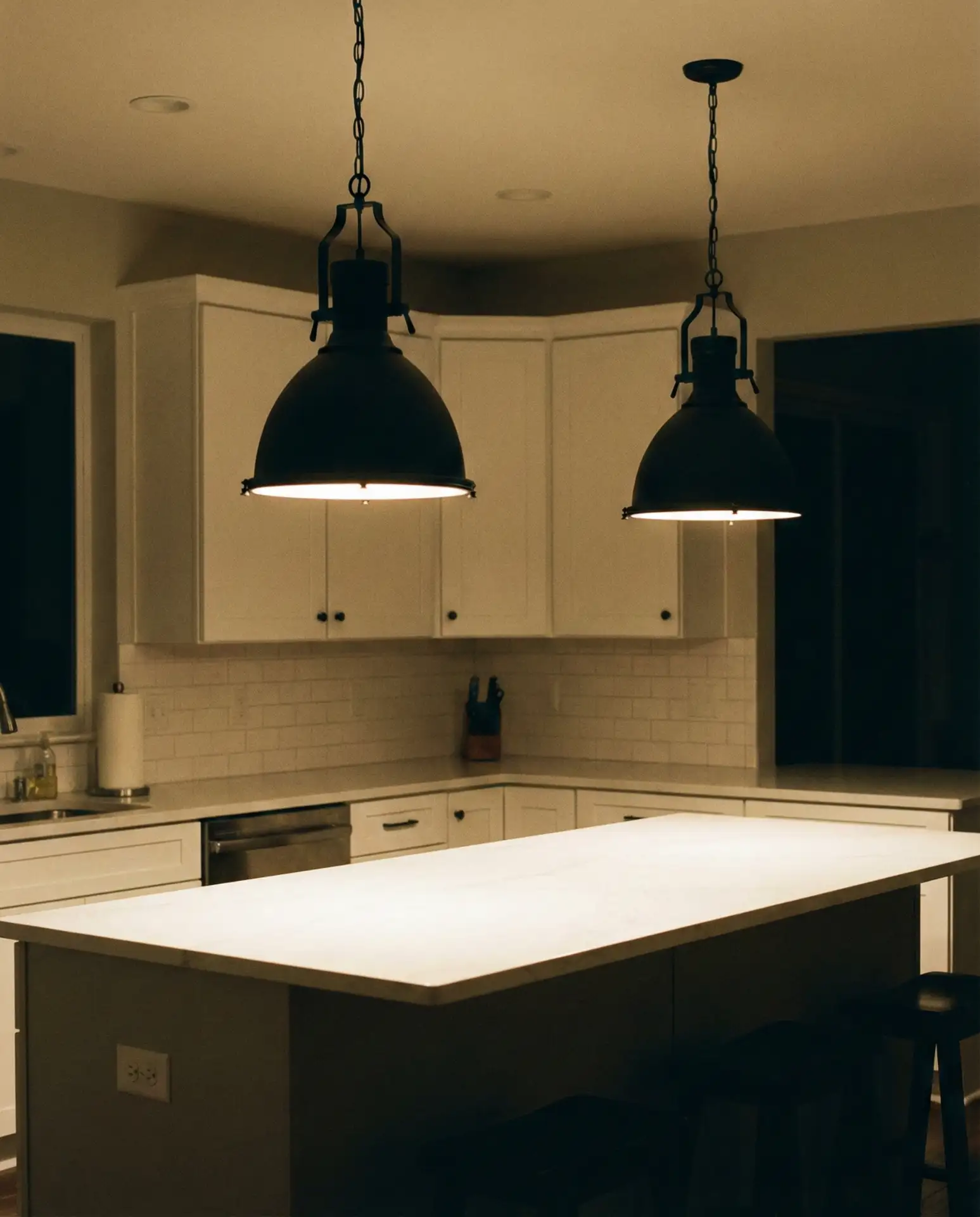 White Cabinets with Statement Lighting 2
