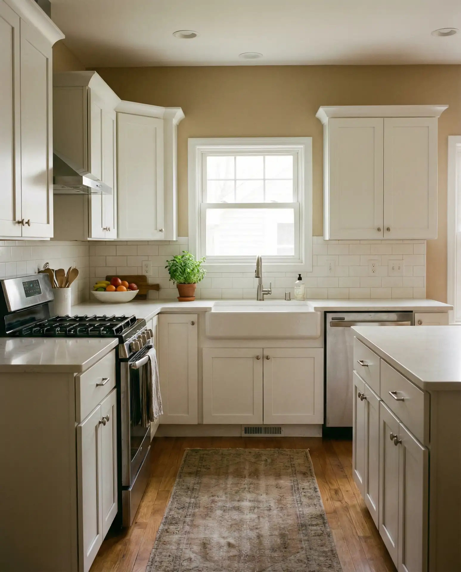 White Cabinets with Warm Wall Colors 1