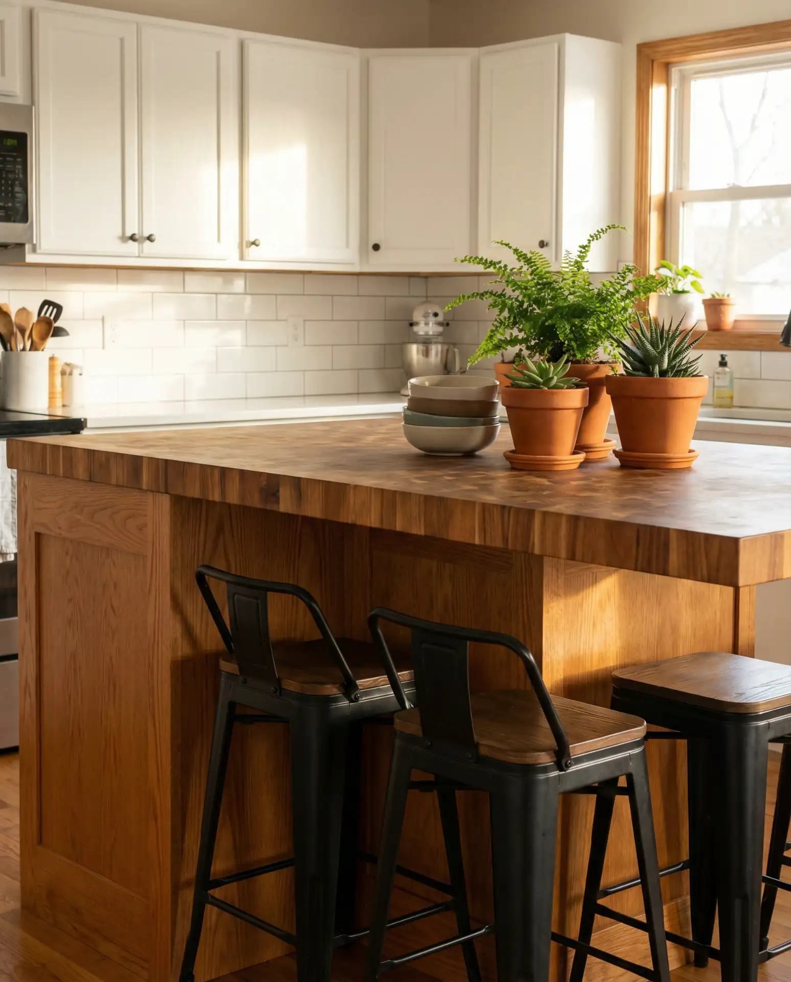 White Cabinets with Wood Island 1
