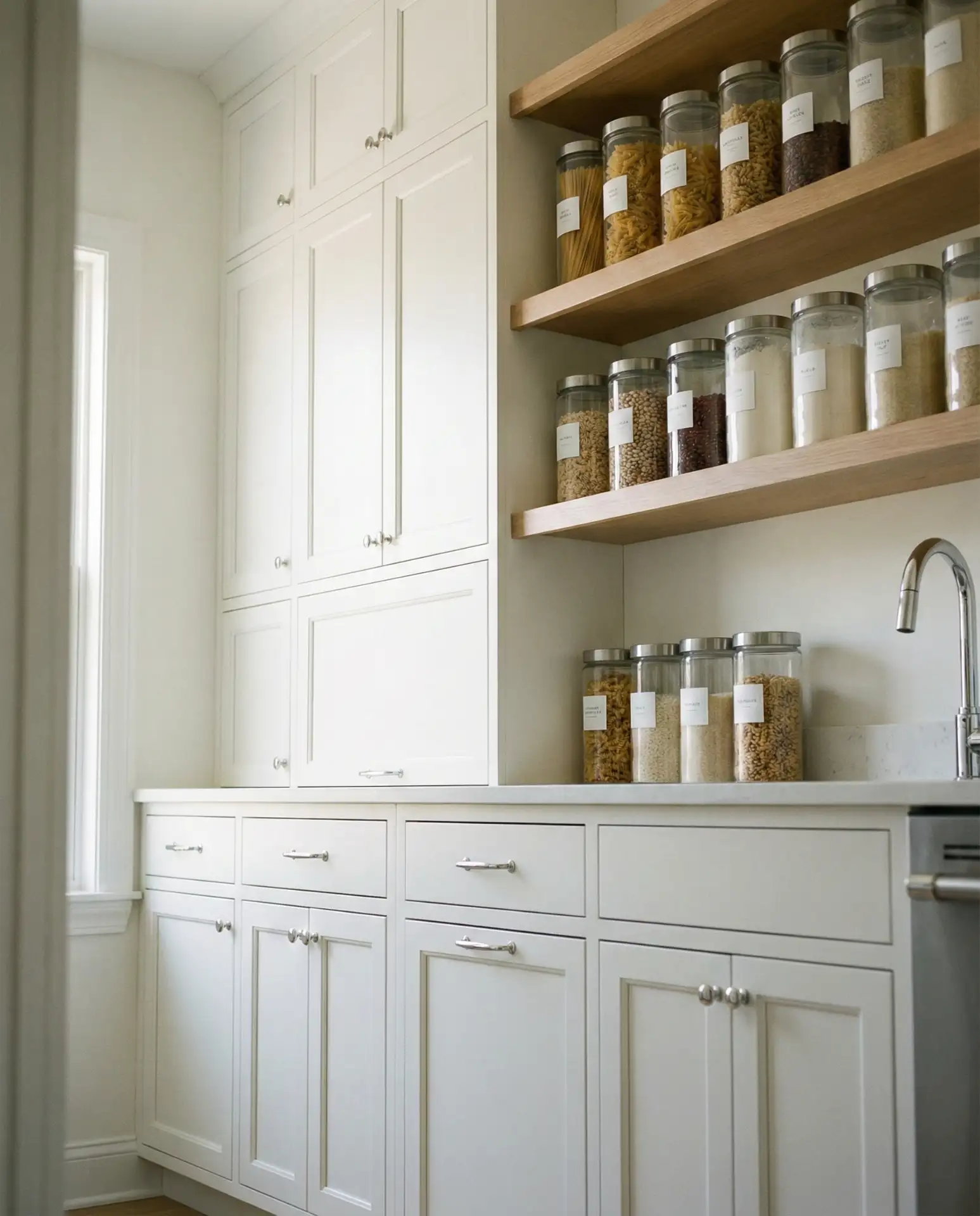 White Shaker-Style Pantry with Glass Canisters 2
