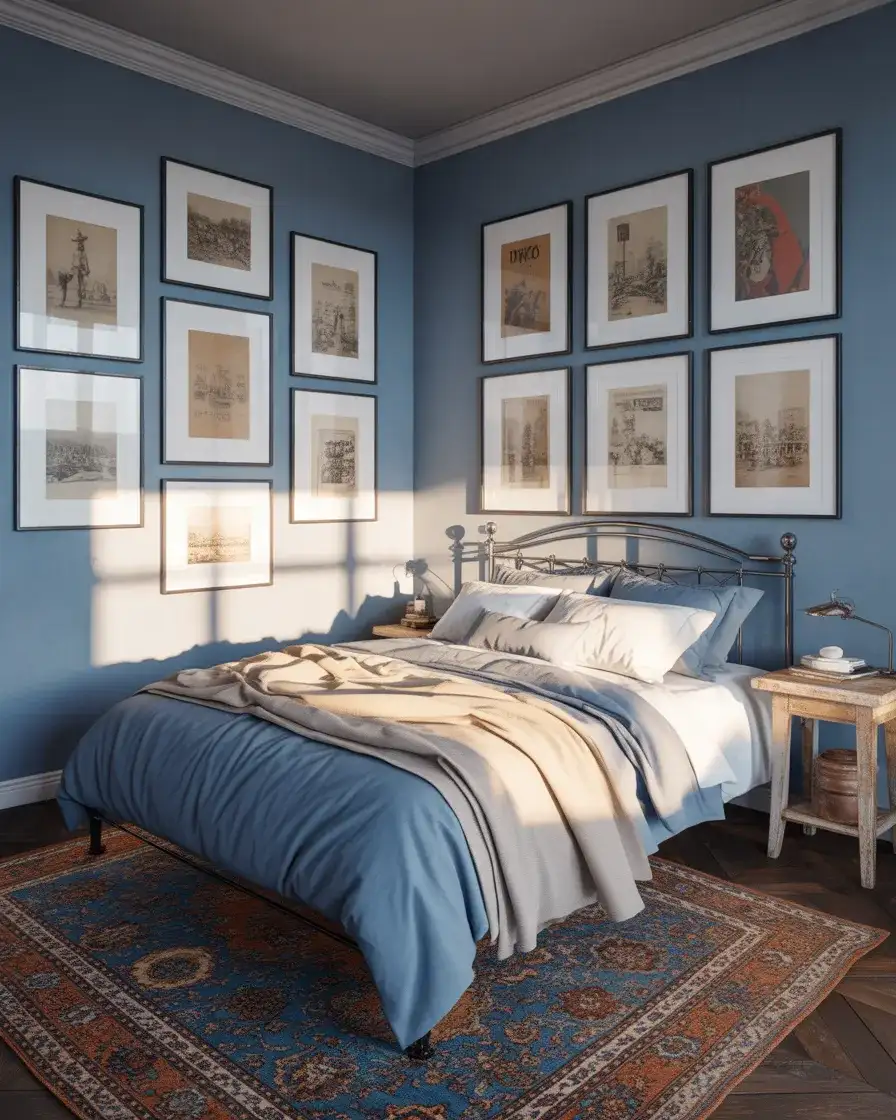 Aesthetic Blue Bedroom with Vintage Art Posters 1