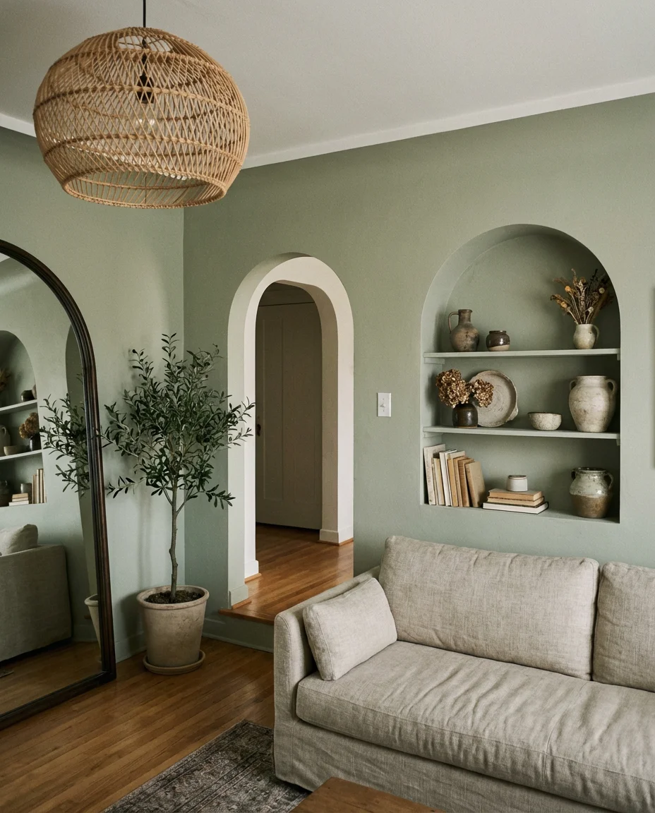 Aesthetic Green Living Room With Arch Details 1