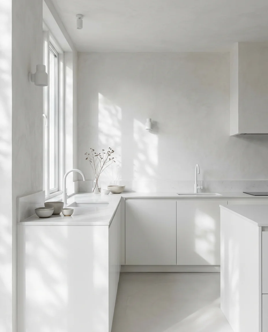 All-White Kitchen with Textured Walls 1