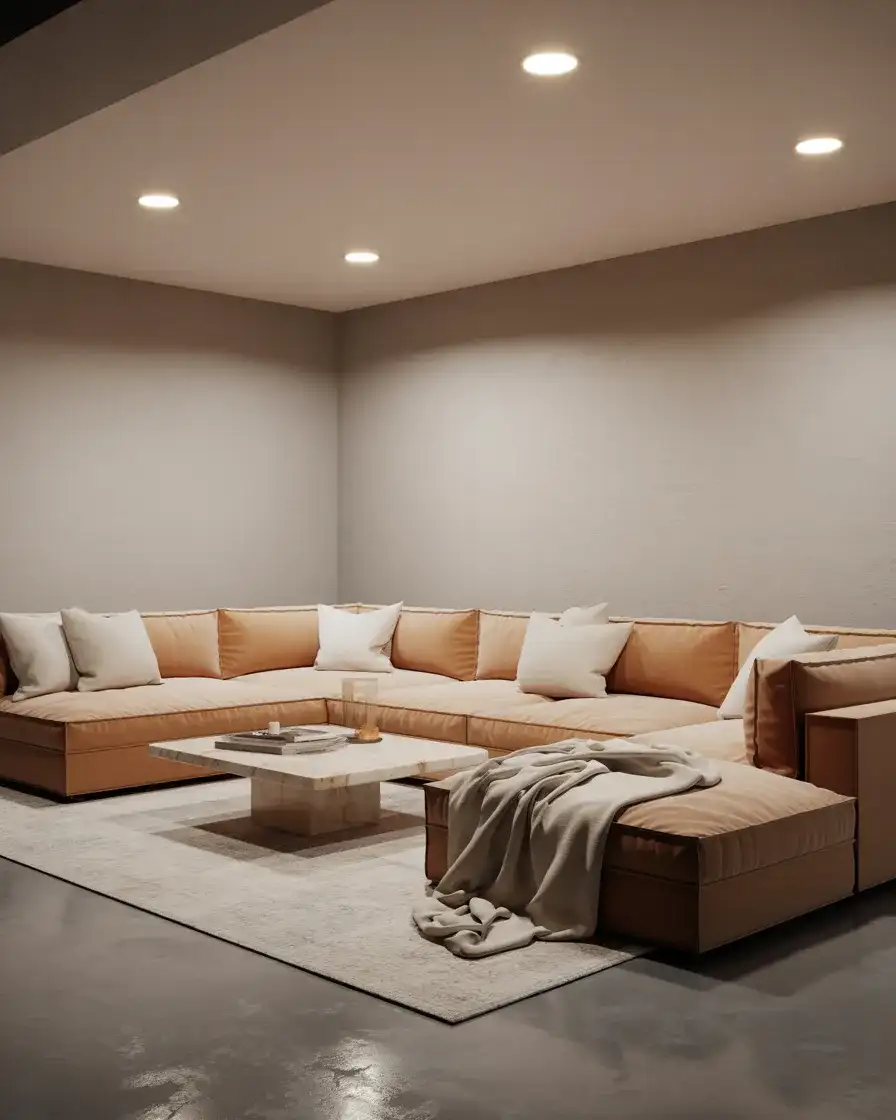 Basement Family Room with Low-Profile Furniture 1