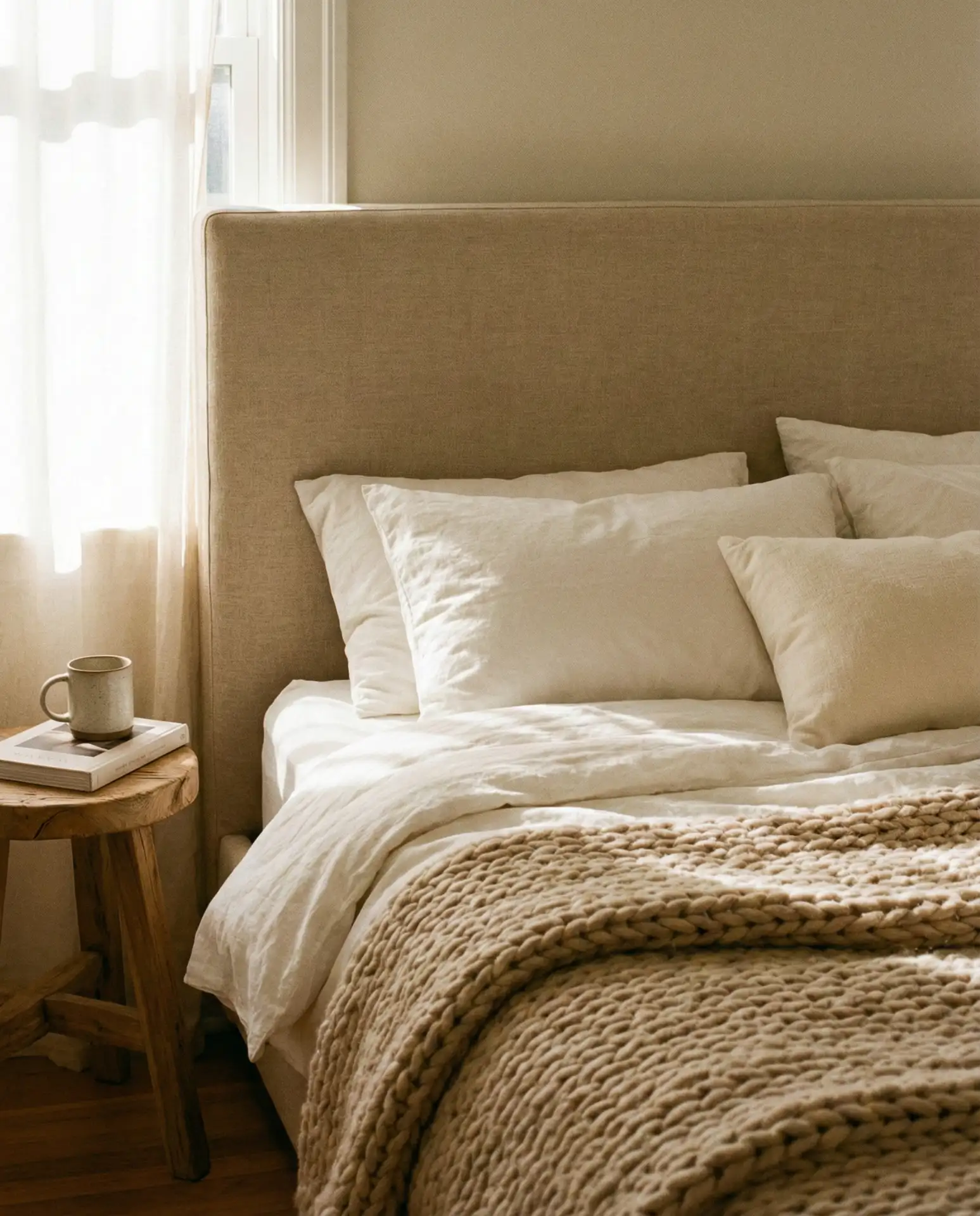 Beige Headboard with Warm White Walls 1