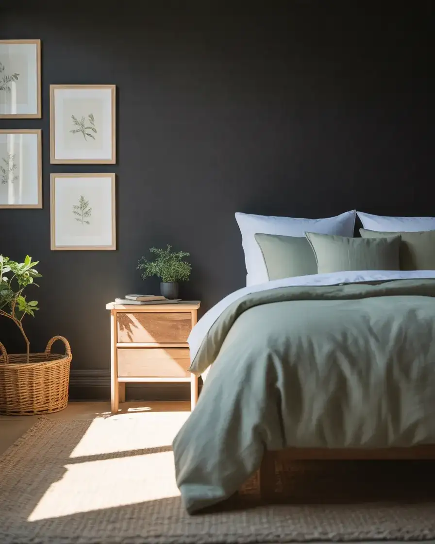 Black Accent Wall with Green Bedding and Botanical Prints 1
