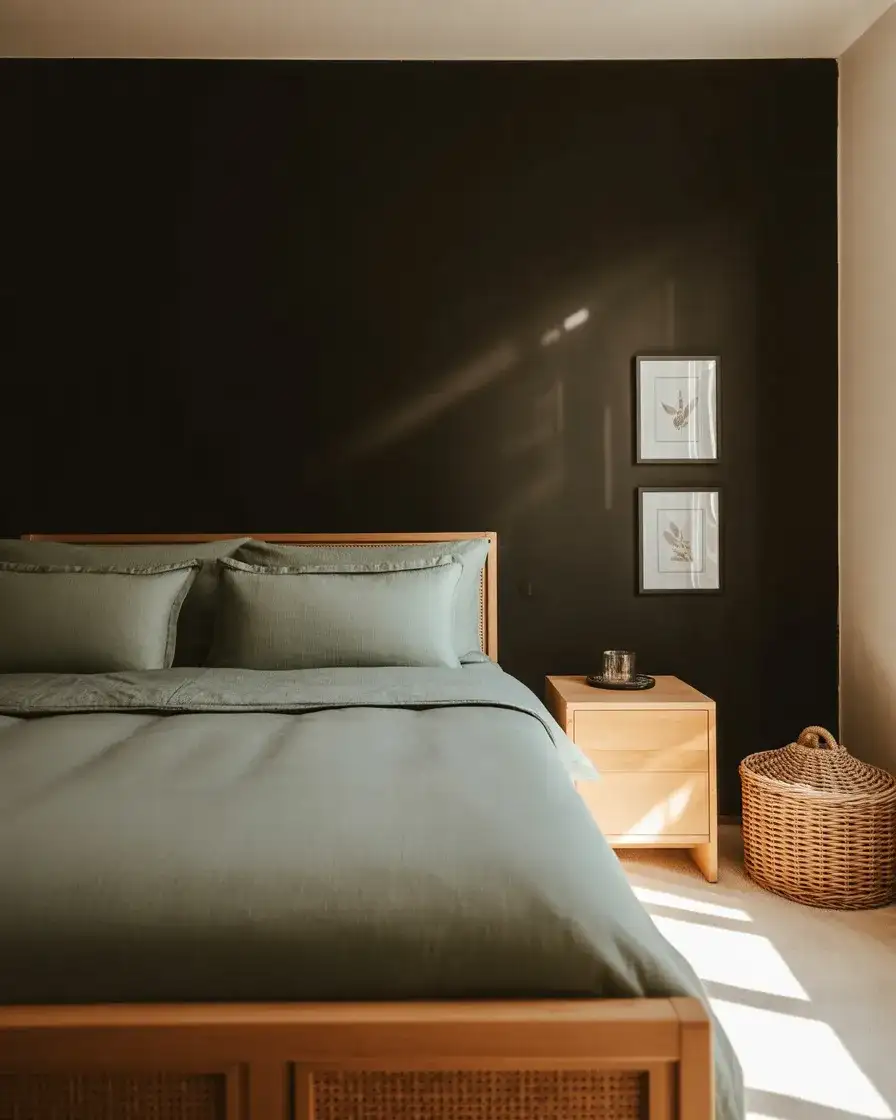 Black Accent Wall with Green Bedding and Botanical Prints 2