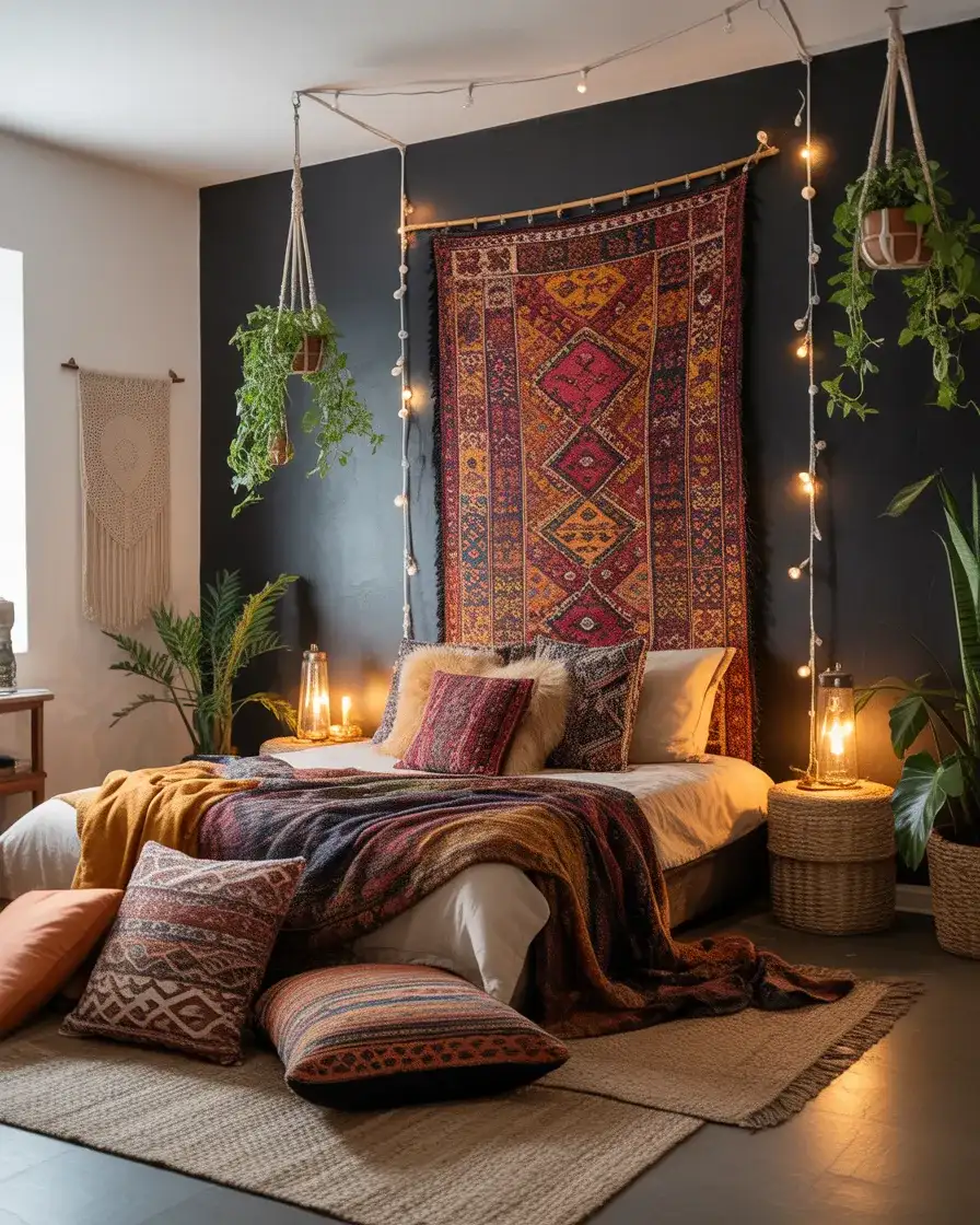Black Accent Wall with Moroccan or Bohemian Textiles 1