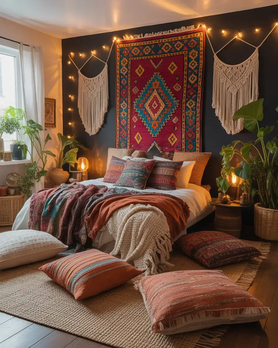 Black Accent Wall with Moroccan or Bohemian Textiles 2