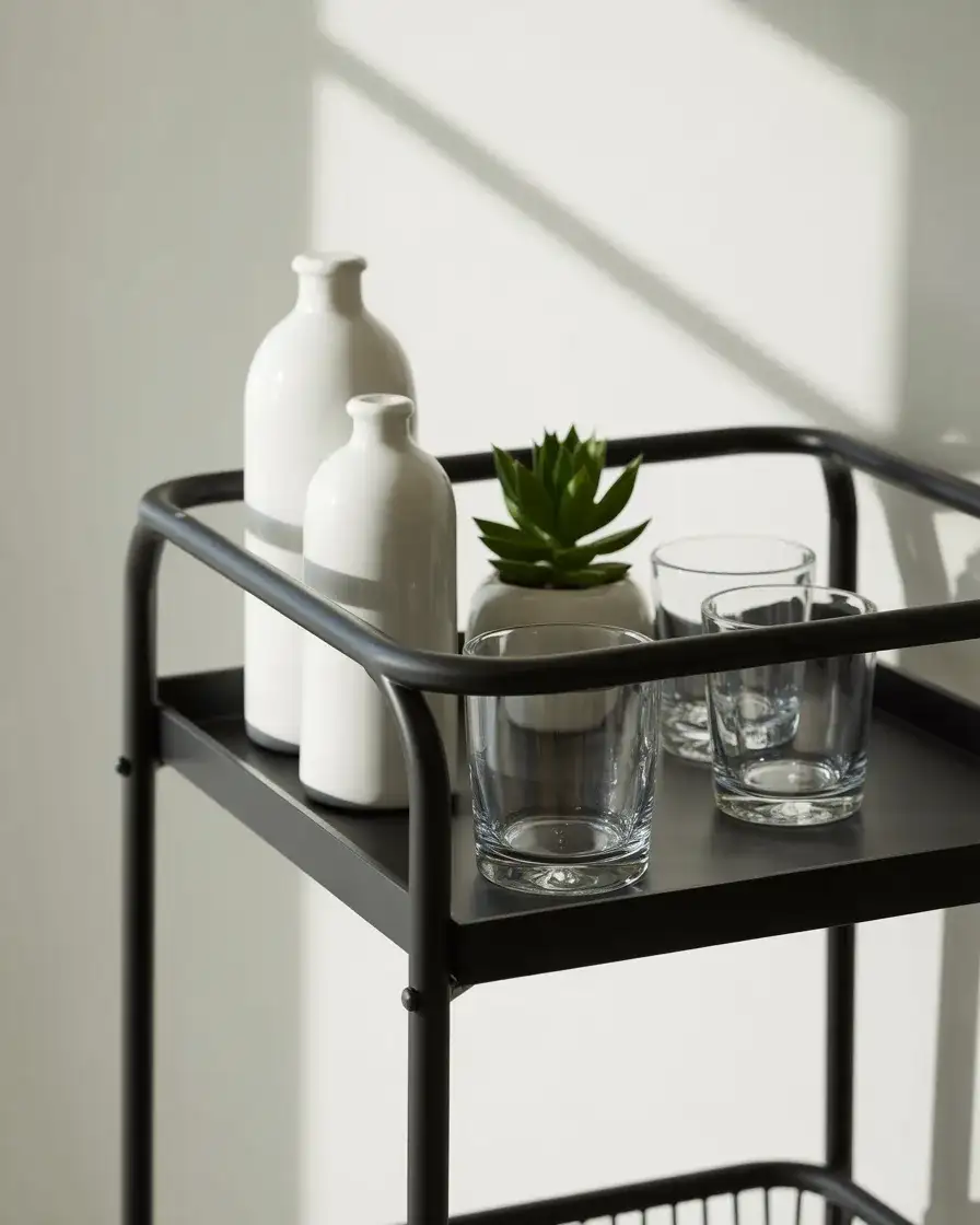 Black Bar Cart with White Bottles and Glassware 1