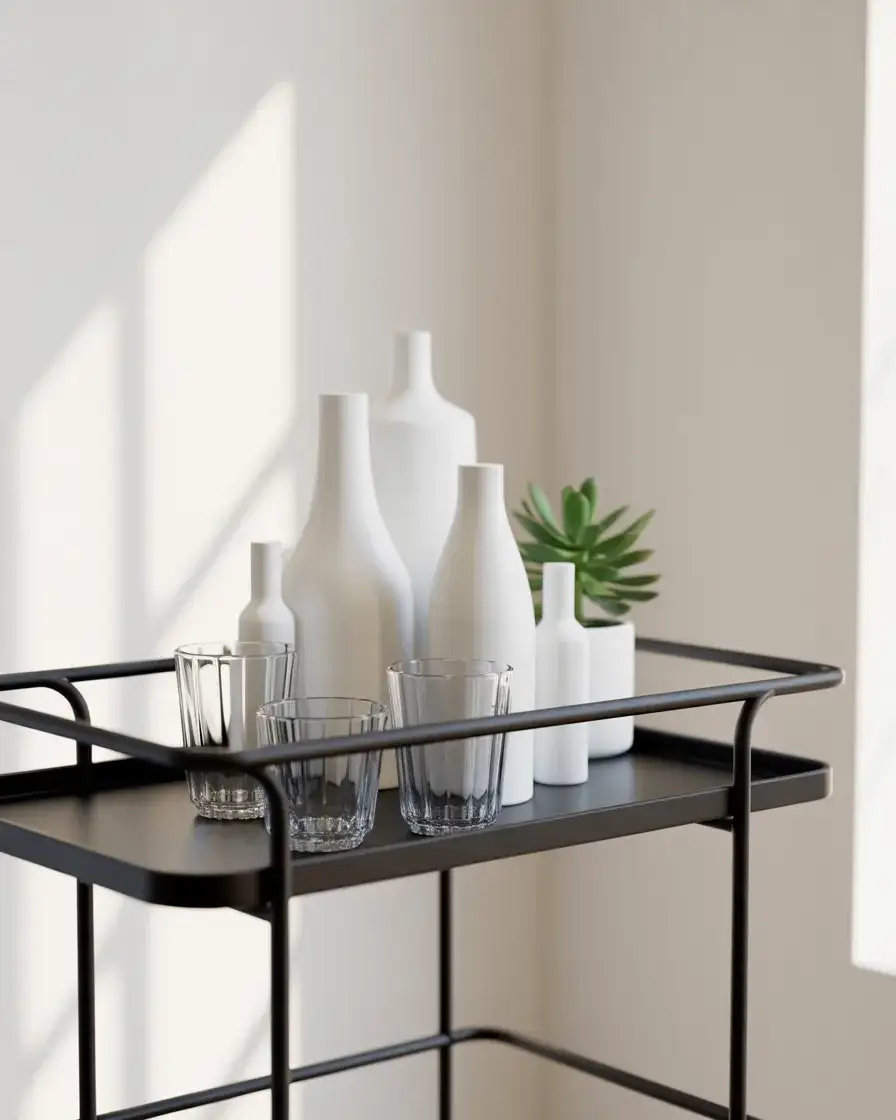 Black Bar Cart with White Bottles and Glassware 2