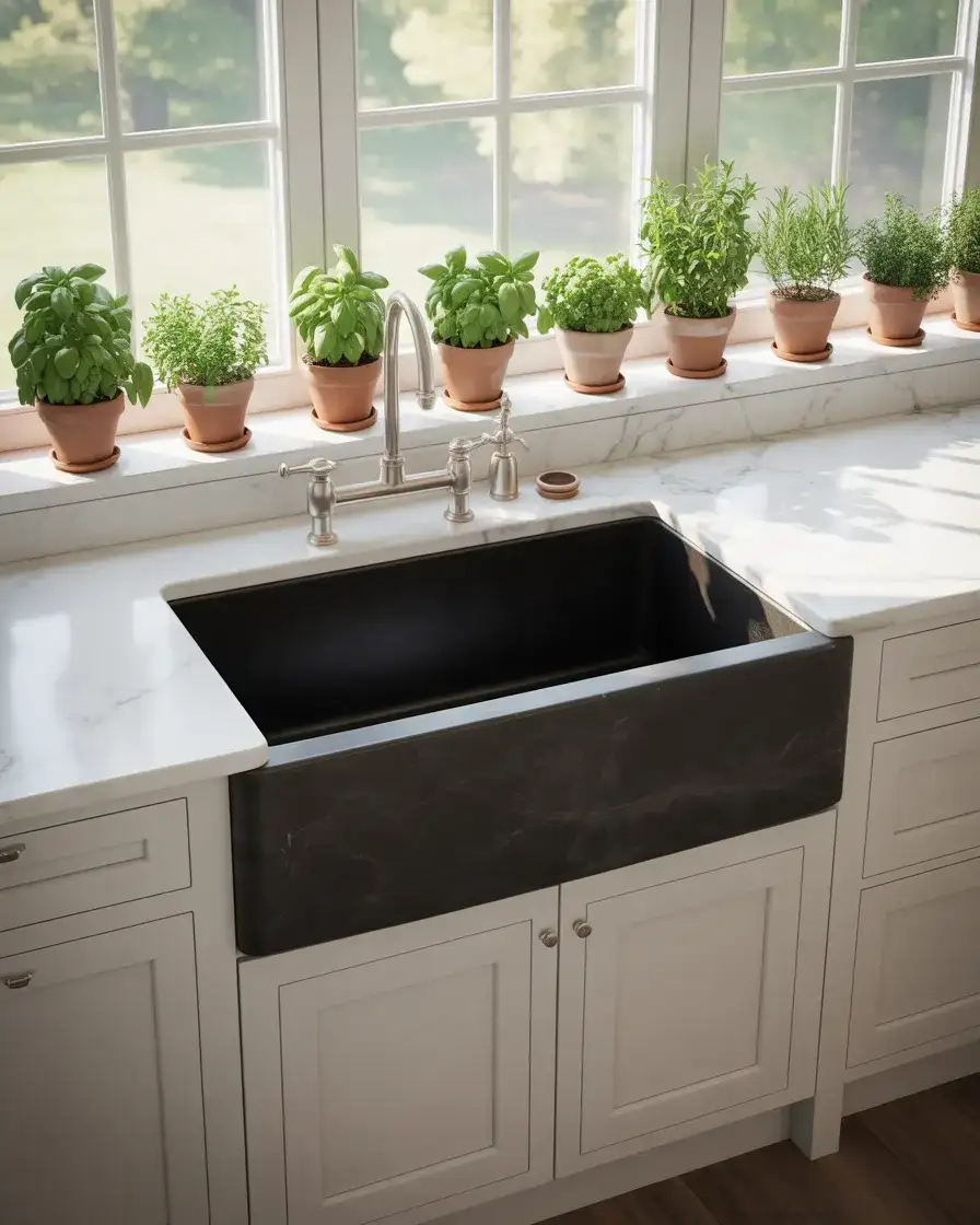 Black Farmhouse Sink with White Counters 1