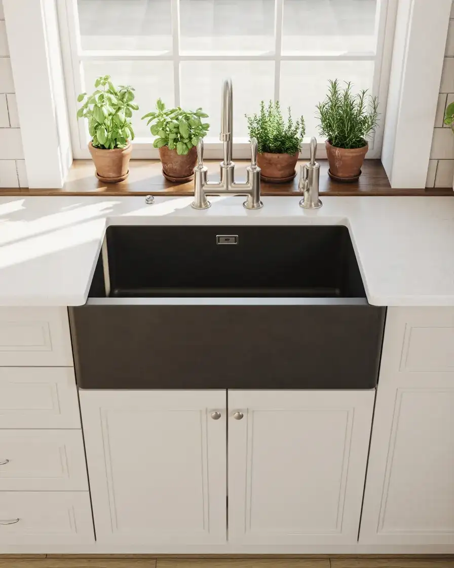 Black Farmhouse Sink with White Counters 2