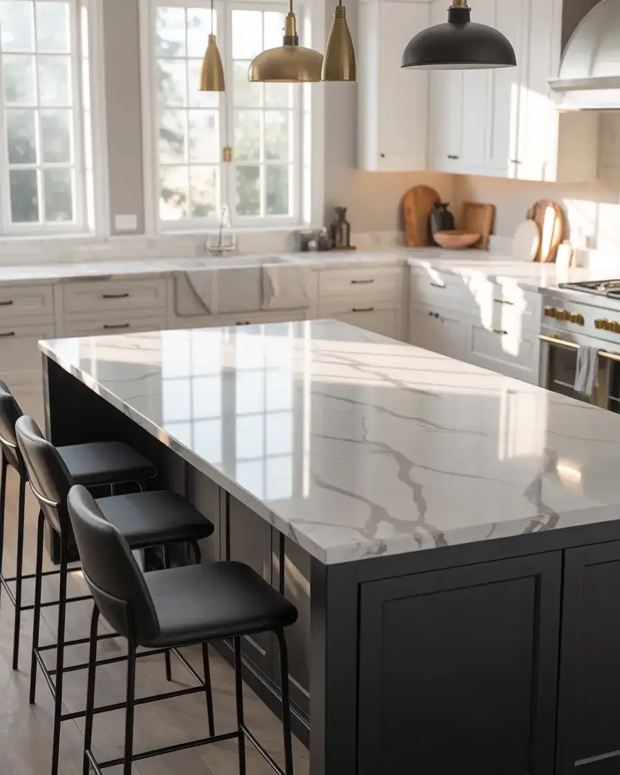 Black Kitchen Island with White Perimeter Cabinets 1