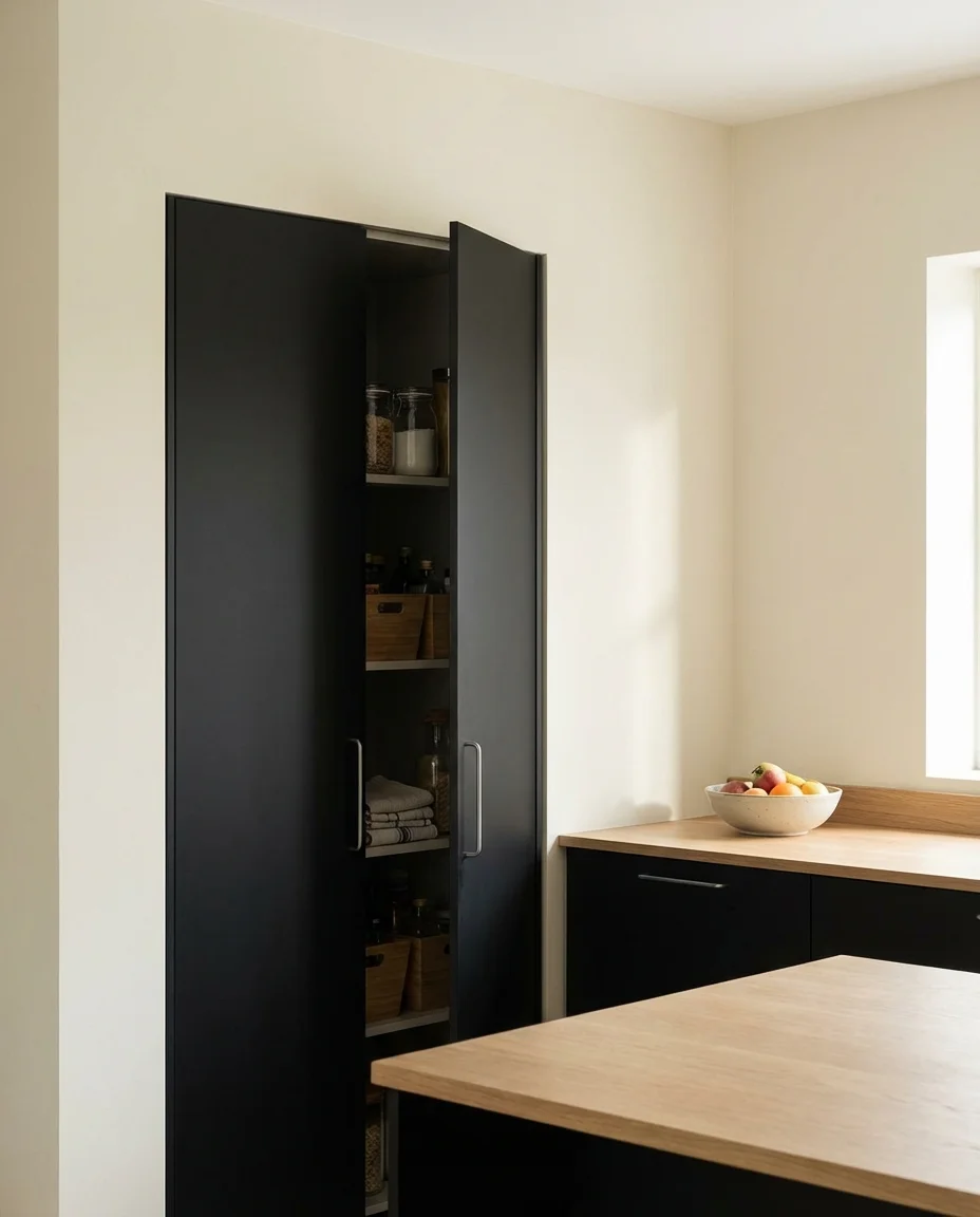 Black Pantry Cabinet With Matte Hardware 1