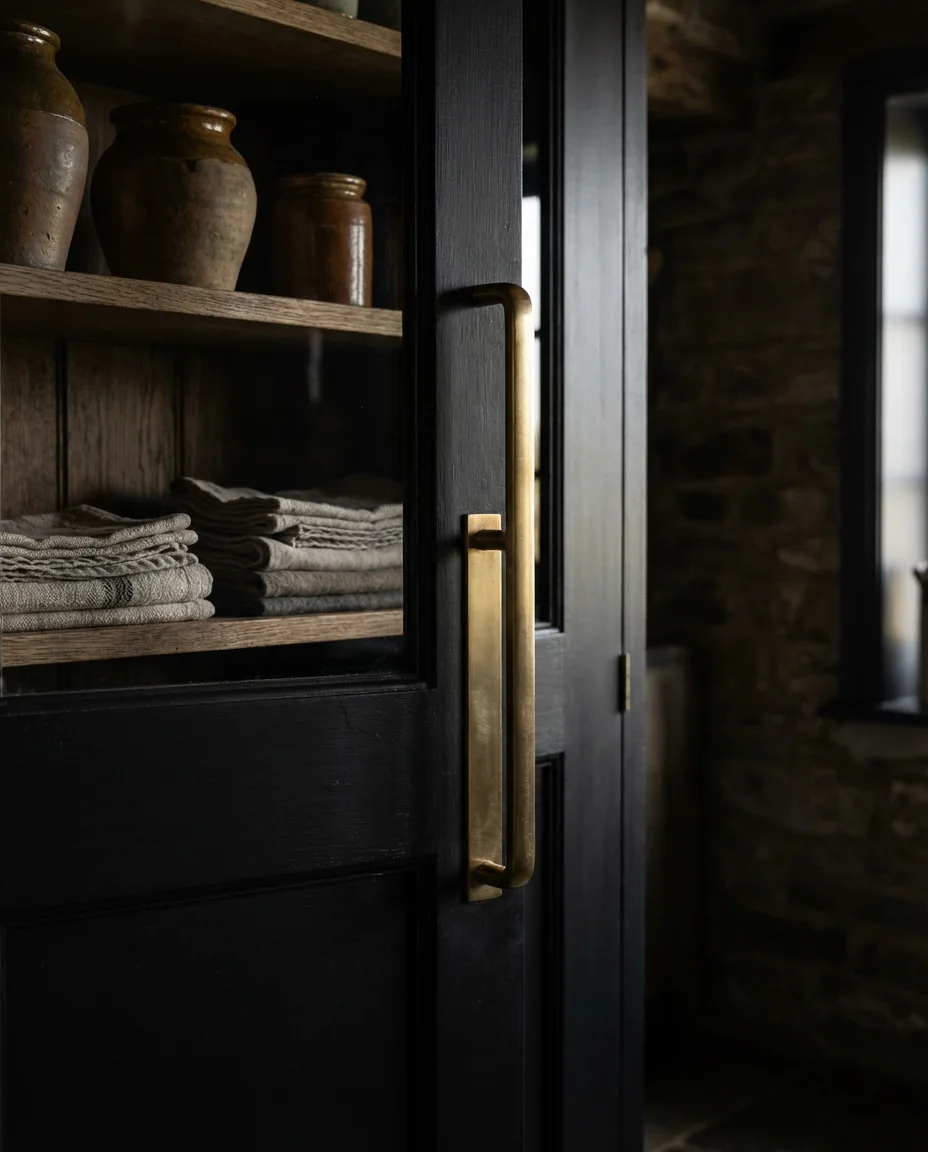 Black Pantry Cabinet With Matte Hardware 2