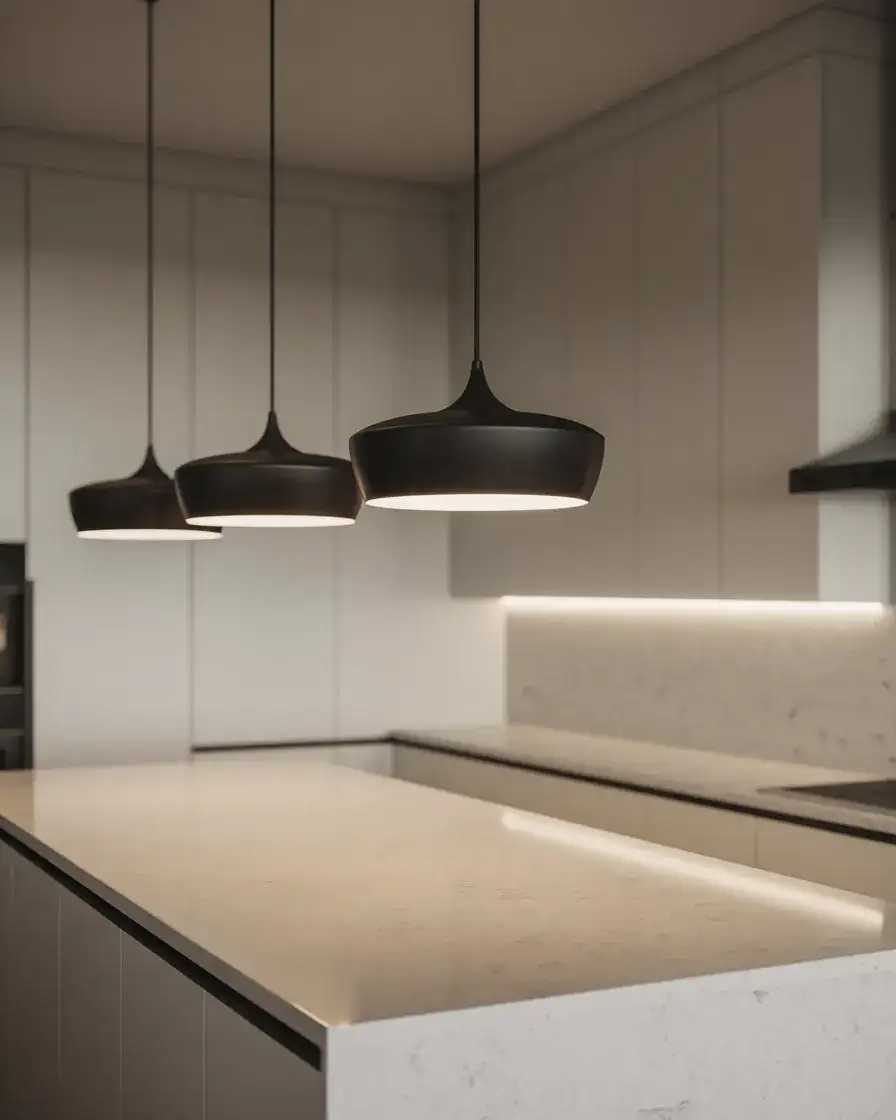 Black Pendant Lights Over White Counters 1
