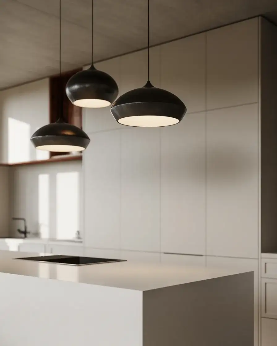 Black Pendant Lights Over White Counters 2