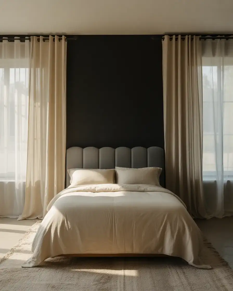 Black Wall with Layered Curtains in Soft Neutrals 1