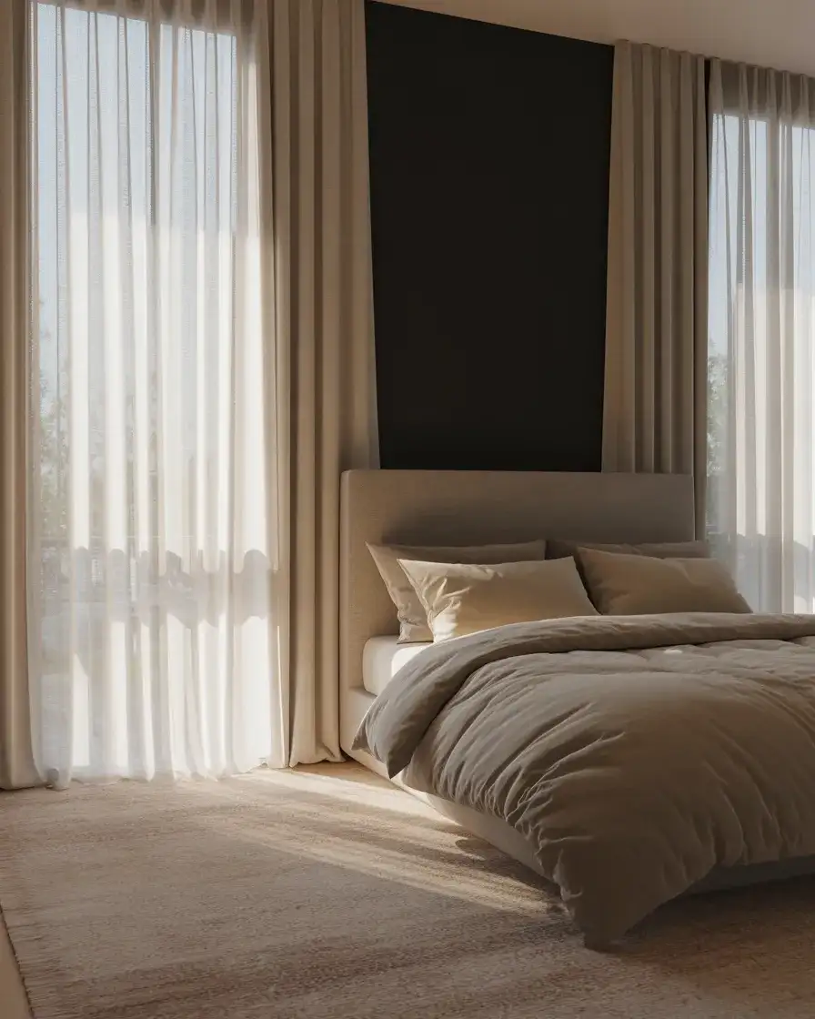 Black Wall with Layered Curtains in Soft Neutrals 2