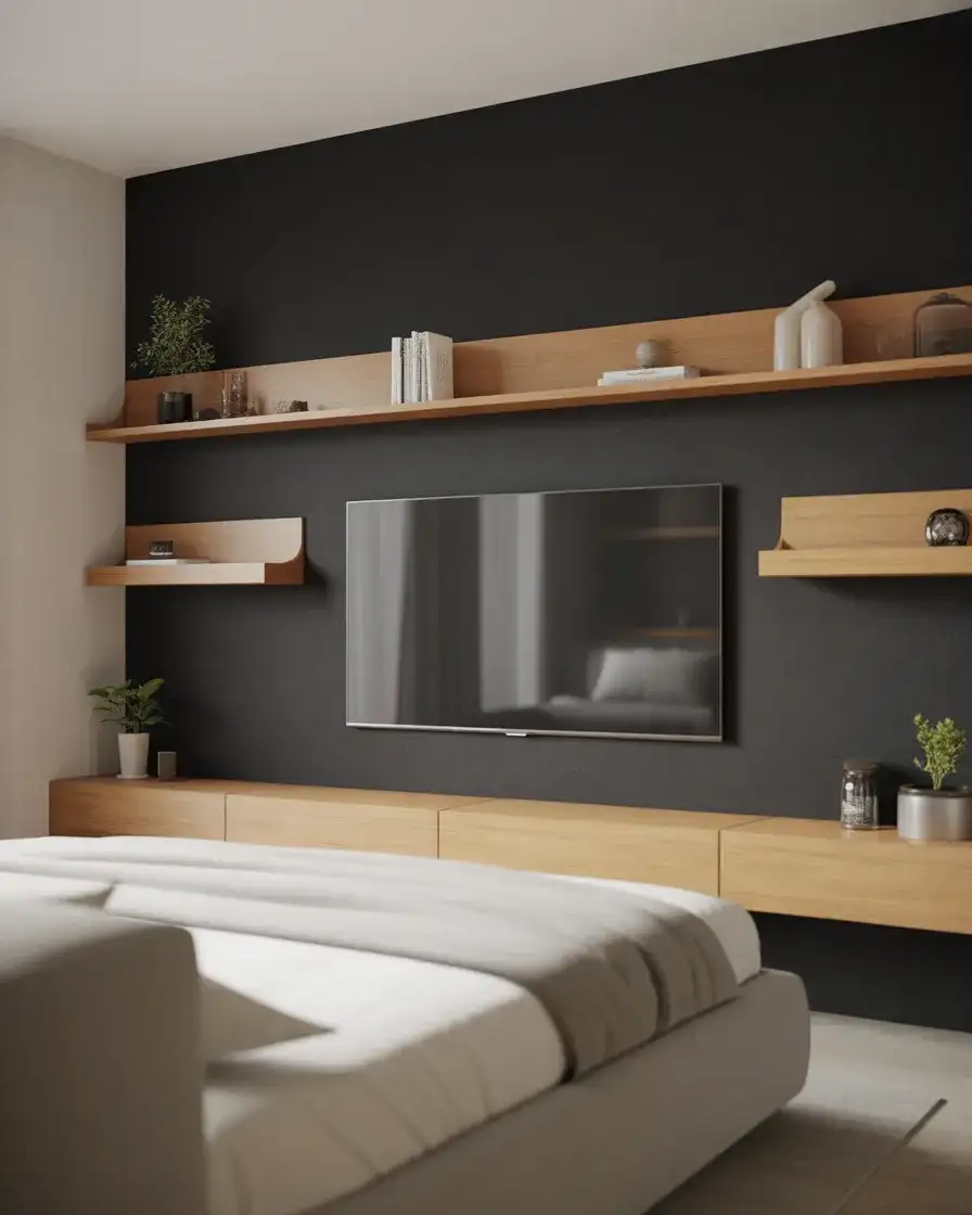 Black Wall with Mounted TV and Floating Shelves 1