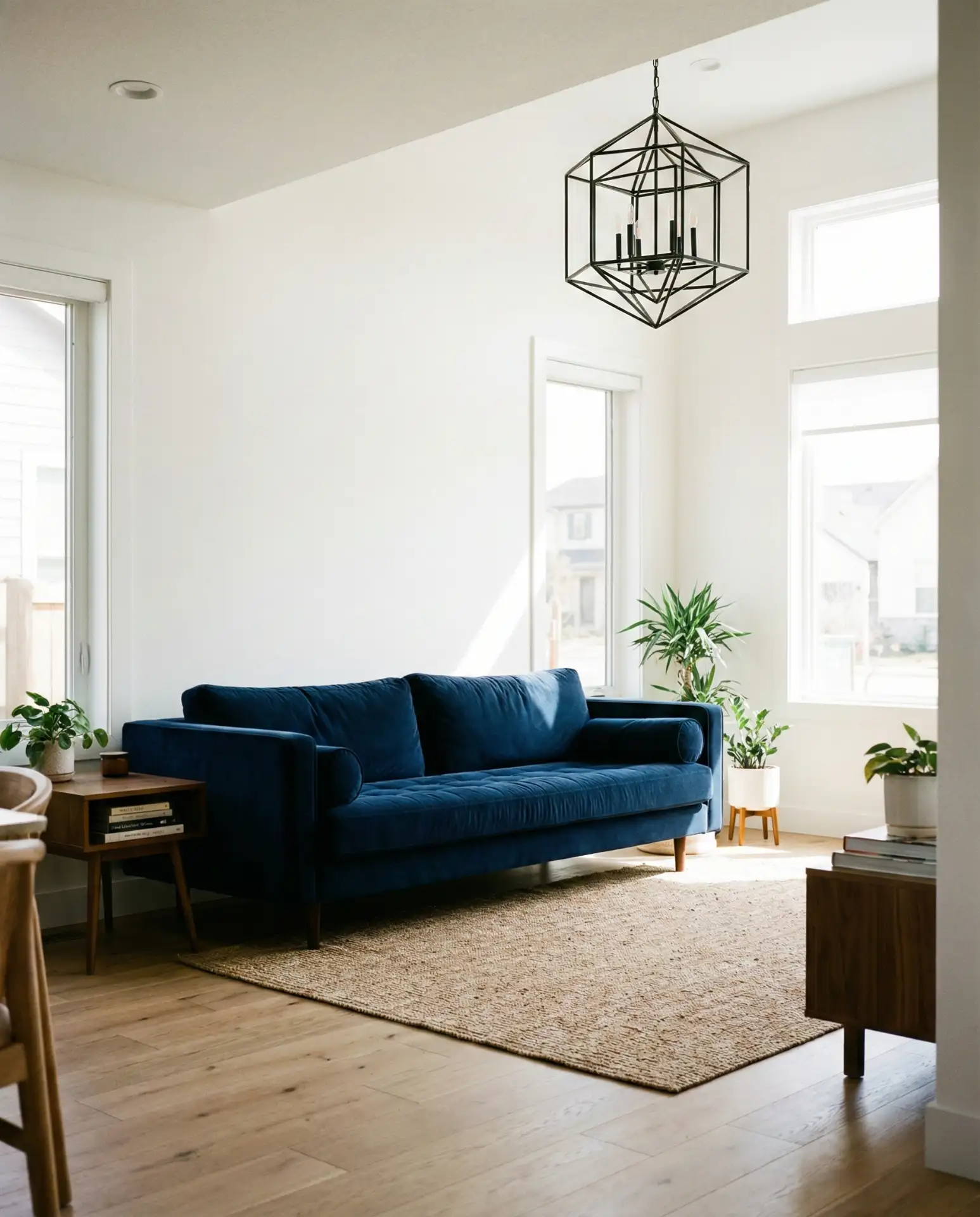 Blue Couch with Statement Ceiling Lights 1