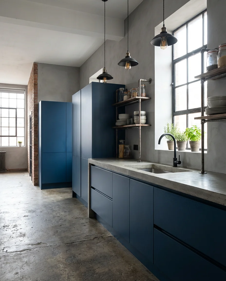 Blue Kitchen with Grey Walls and Industrial Touches 1