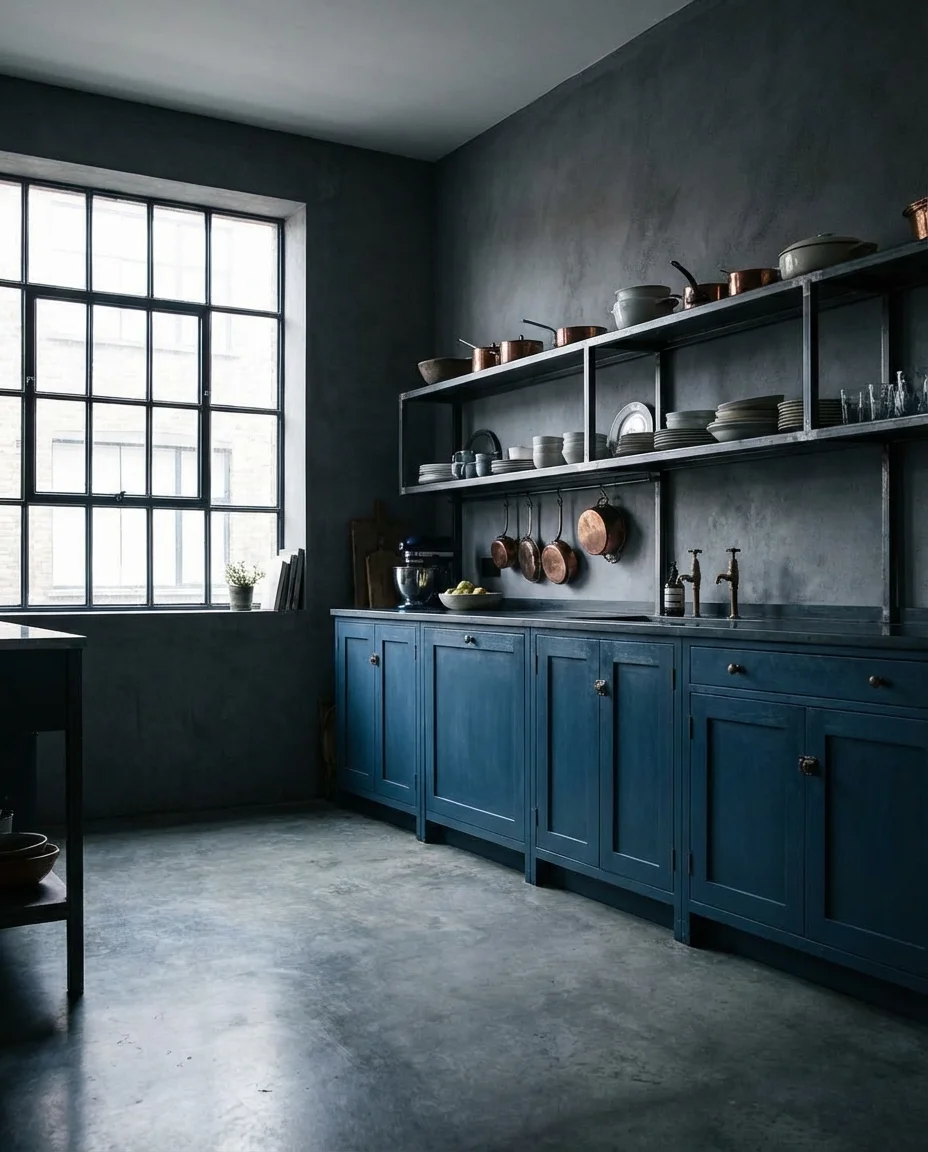 Blue Kitchen with Grey Walls and Industrial Touches 2
