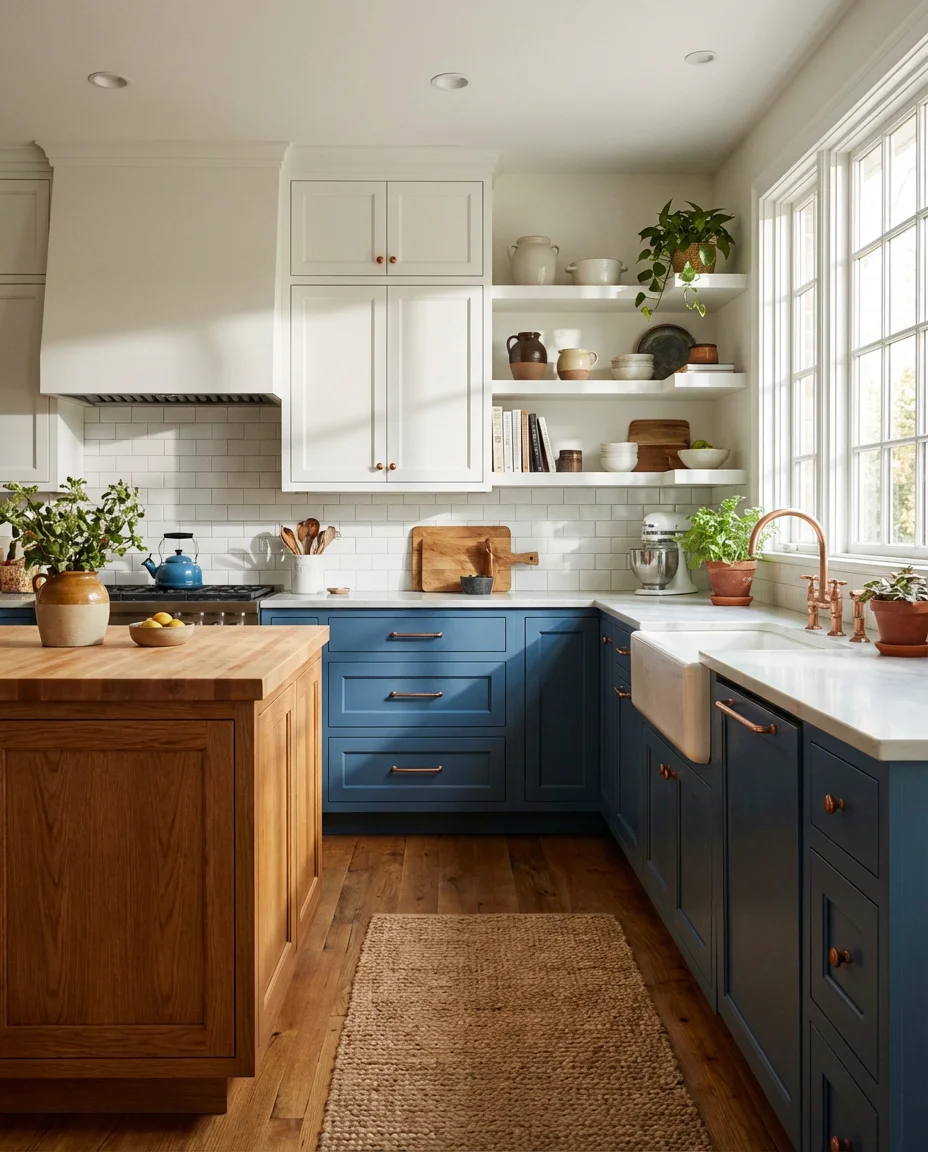 Blue Kitchen with White and Wood Two-Tone Cabinets 1