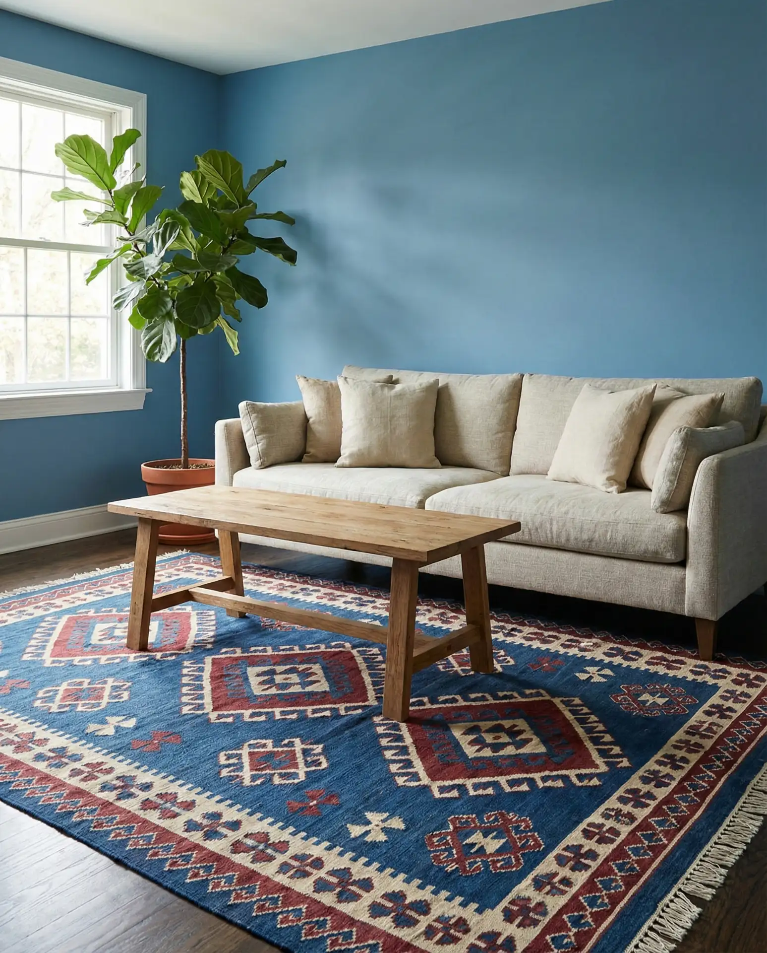 Blue Walls with Bold Patterned Rug and Neutral Furniture 1