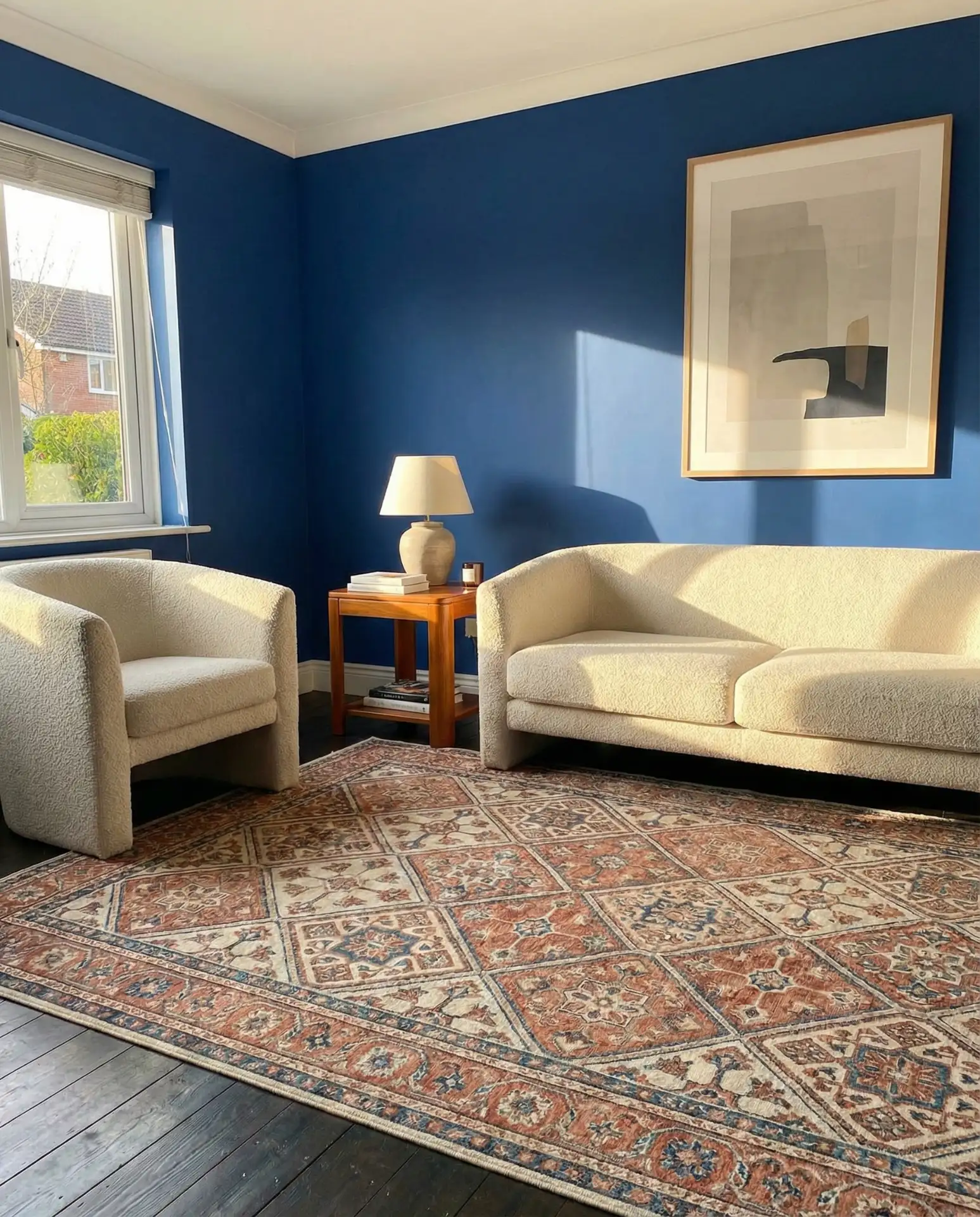 Blue Walls with Bold Patterned Rug and Neutral Furniture 2